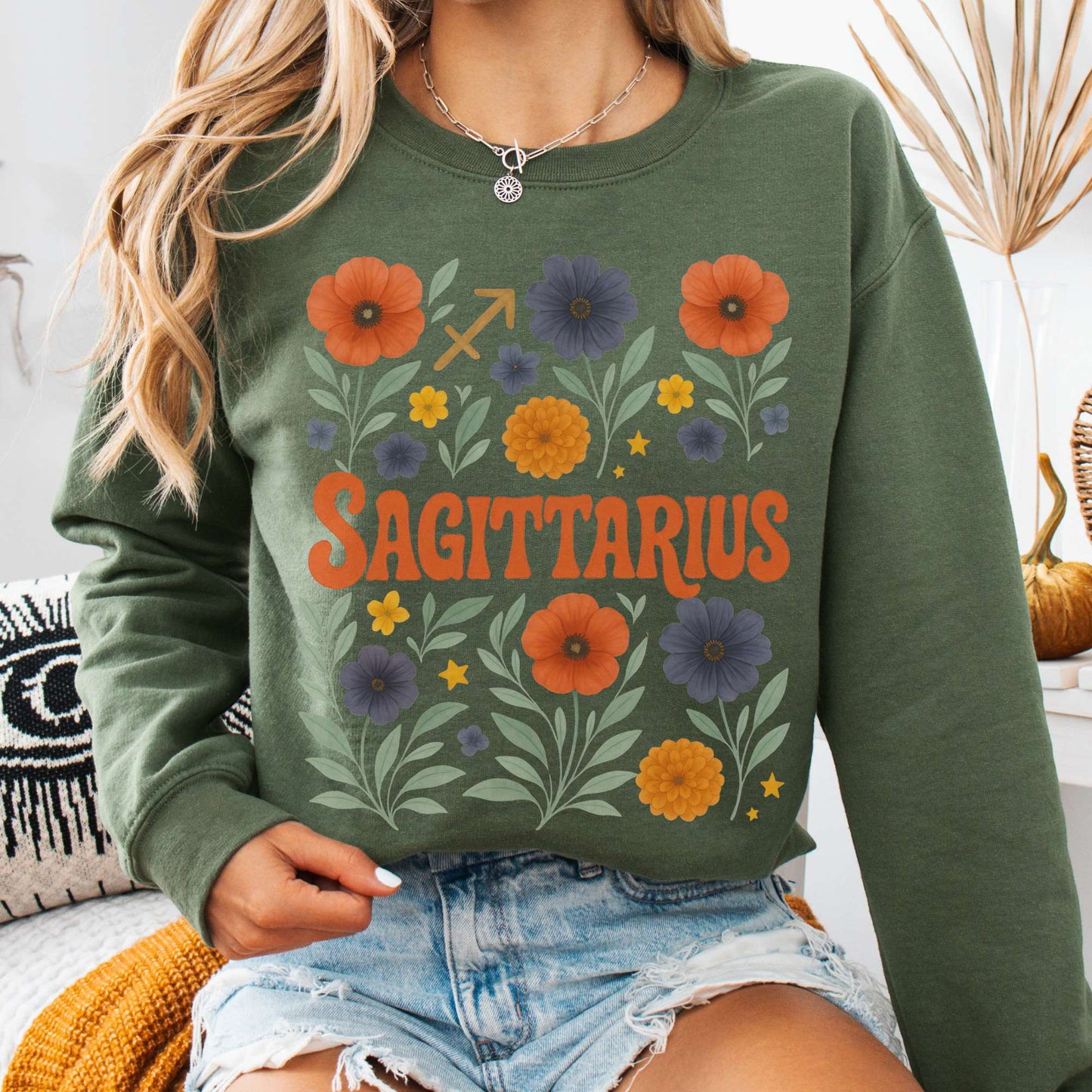 Sweatshirt S / Military Green Sagittarius Sweatshirt – Boho Floral Zodiac Pullover The Mystic Eden