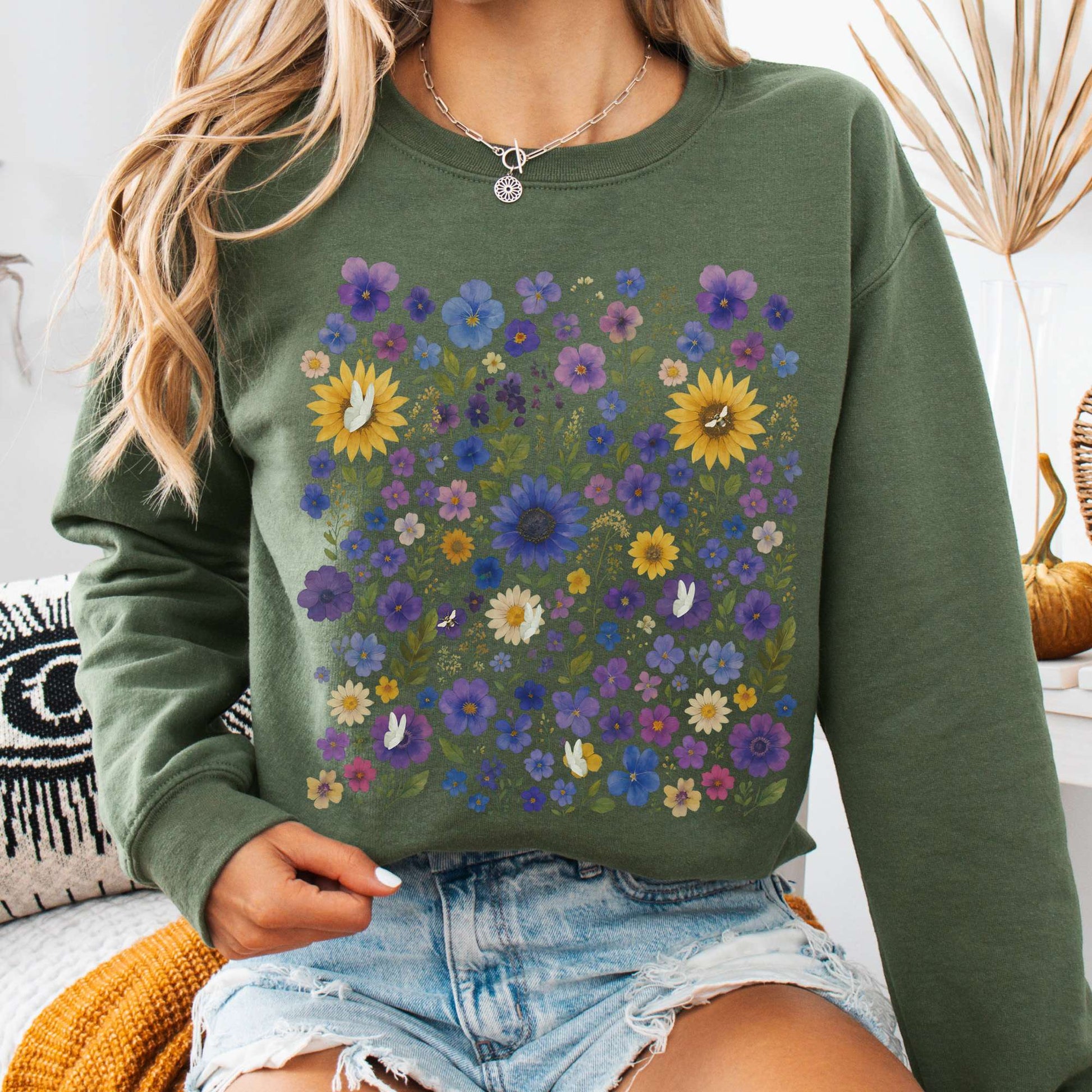 Sweatshirt S / Military Green Sunflower Garden Sweatshirt β Vibrant Bloom Tee The Mystic Eden