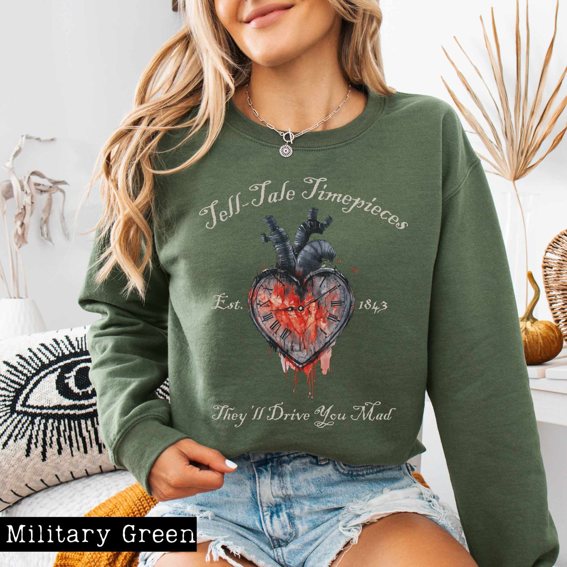 Sweatshirt S / Military Green Tell-Tale Timepieces Edgar Allan Poe Sweatshirt The Mystic Eden