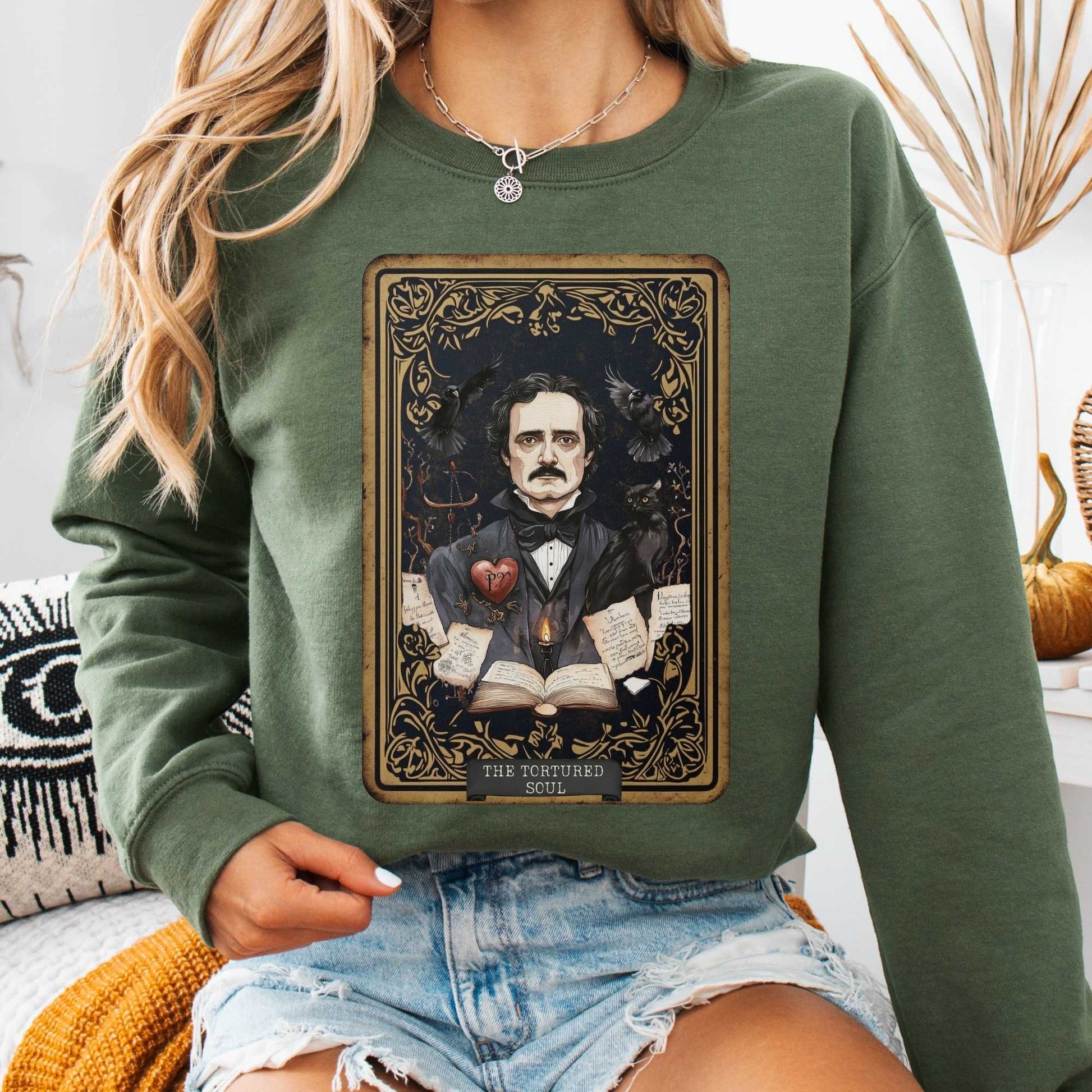 Sweatshirt S / Military Green The Tortured Soul Tarot Card Edgar Allan Poe Sweatshirt The Mystic Eden