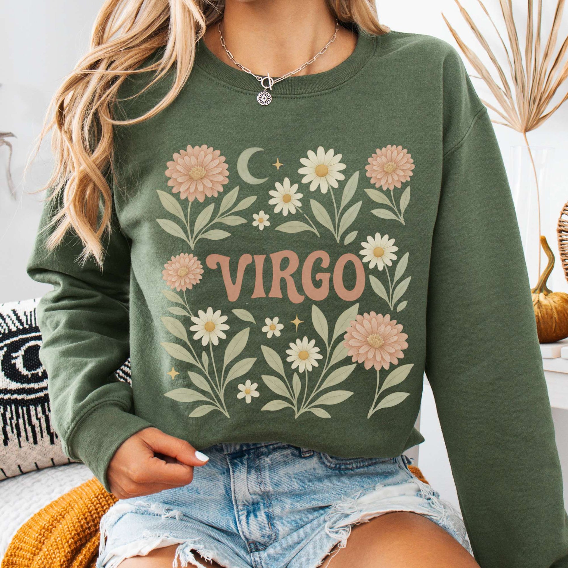 Sweatshirt S / Military Green Virgo Sweatshirt – Boho Floral Zodiac Pullover The Mystic Eden