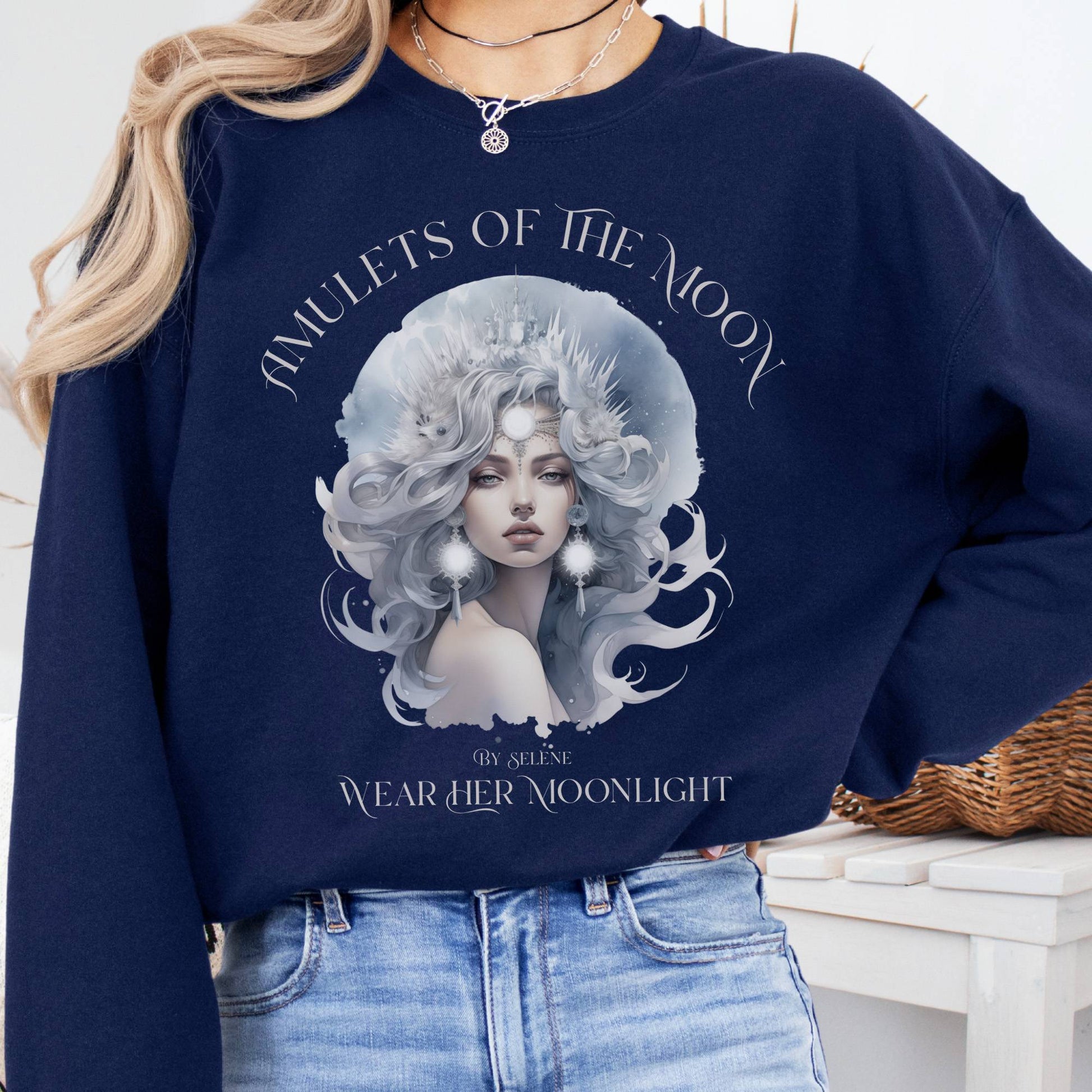 Sweatshirt S / Navy Amulets of the Moon Sweatshirt – Celestial Goddess Tee The Mystic Eden