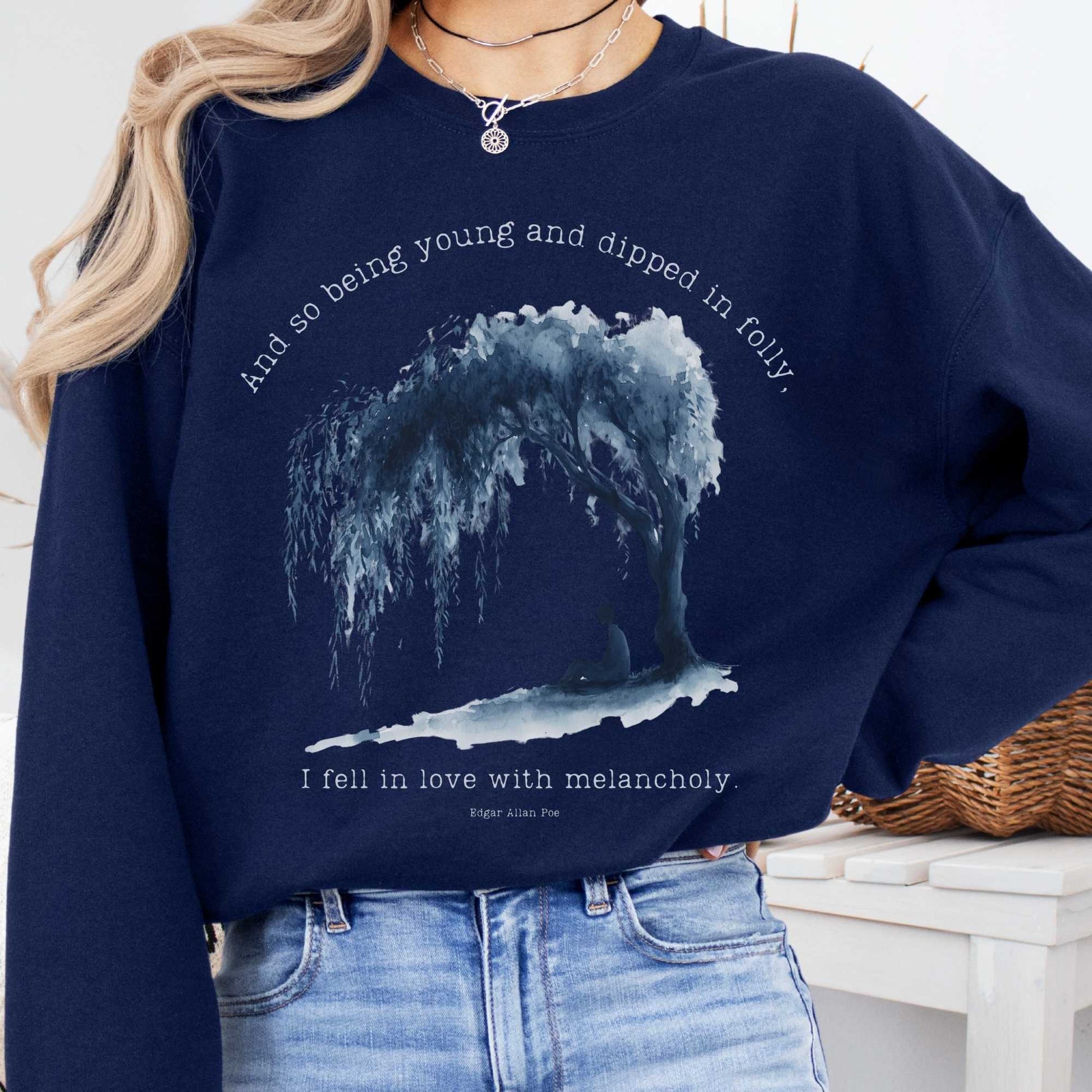 Sweatshirt S / Navy And So Being Young  Edgar Allan Poe Sweatshirt The Mystic Eden