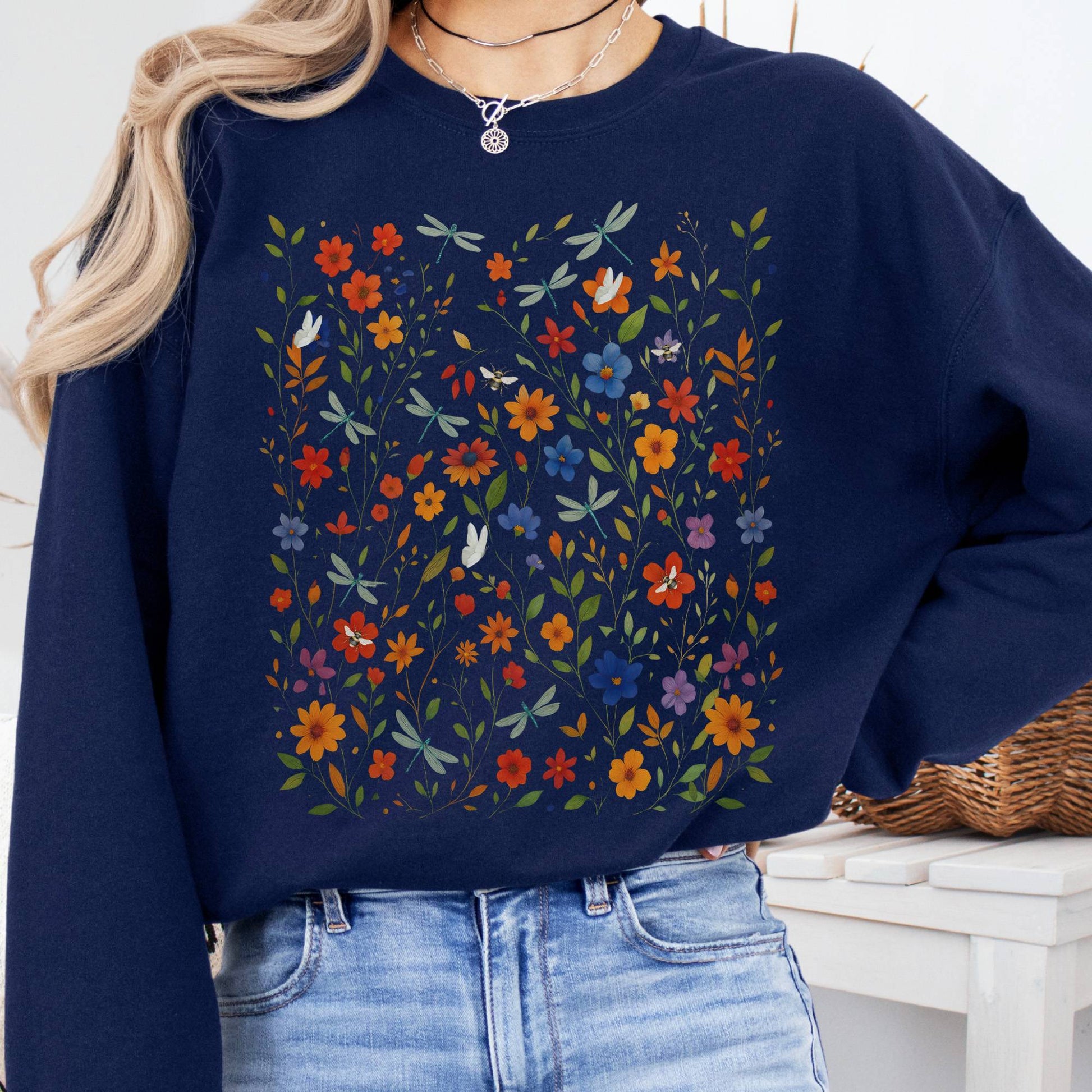 Sweatshirt S / Navy Dragonfly Meadow Sweatshirt β Whimsical Floral Tee The Mystic Eden
