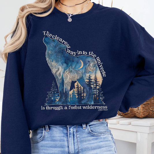 Sweatshirt S / Navy Forest Wilderness Wolf Sweatshirt – Nature Quote Tee The Mystic Eden