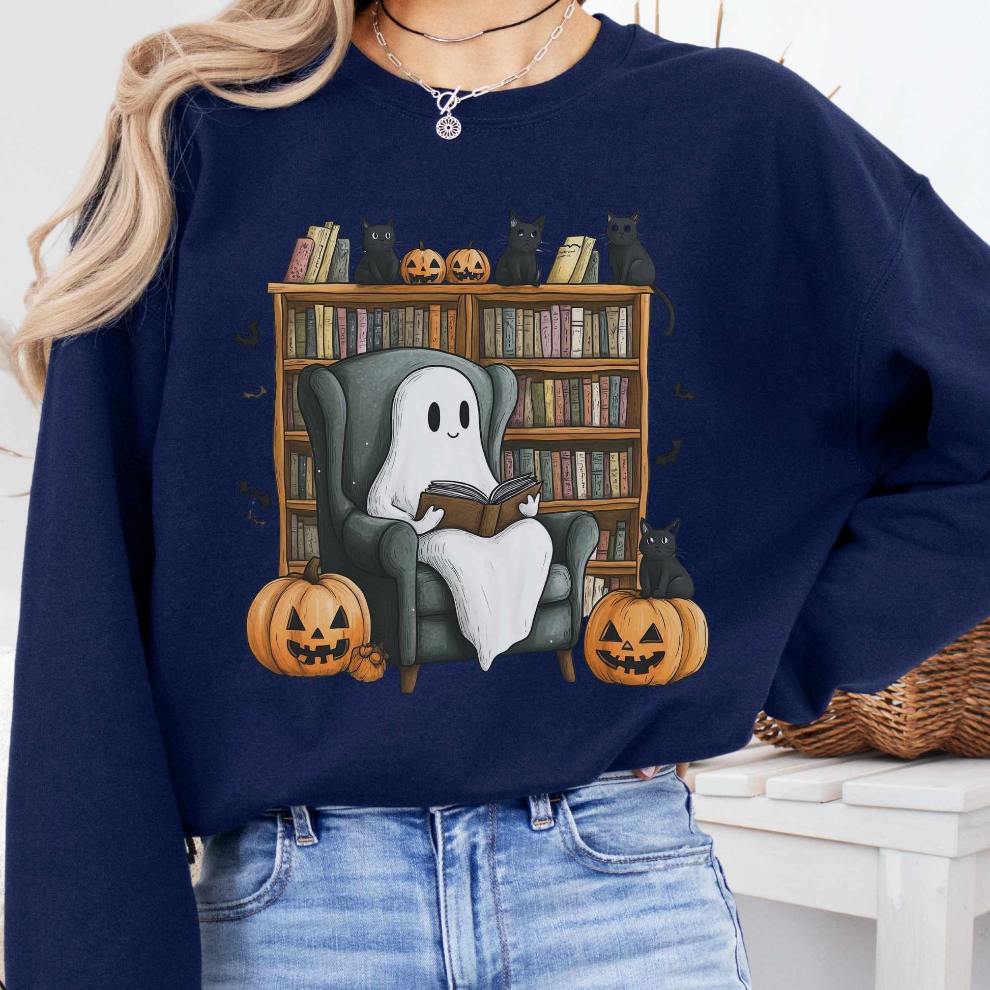 Sweatshirt S / Navy Happy Reading Ghosts with Black Cats Sweatshirt The Mystic Eden