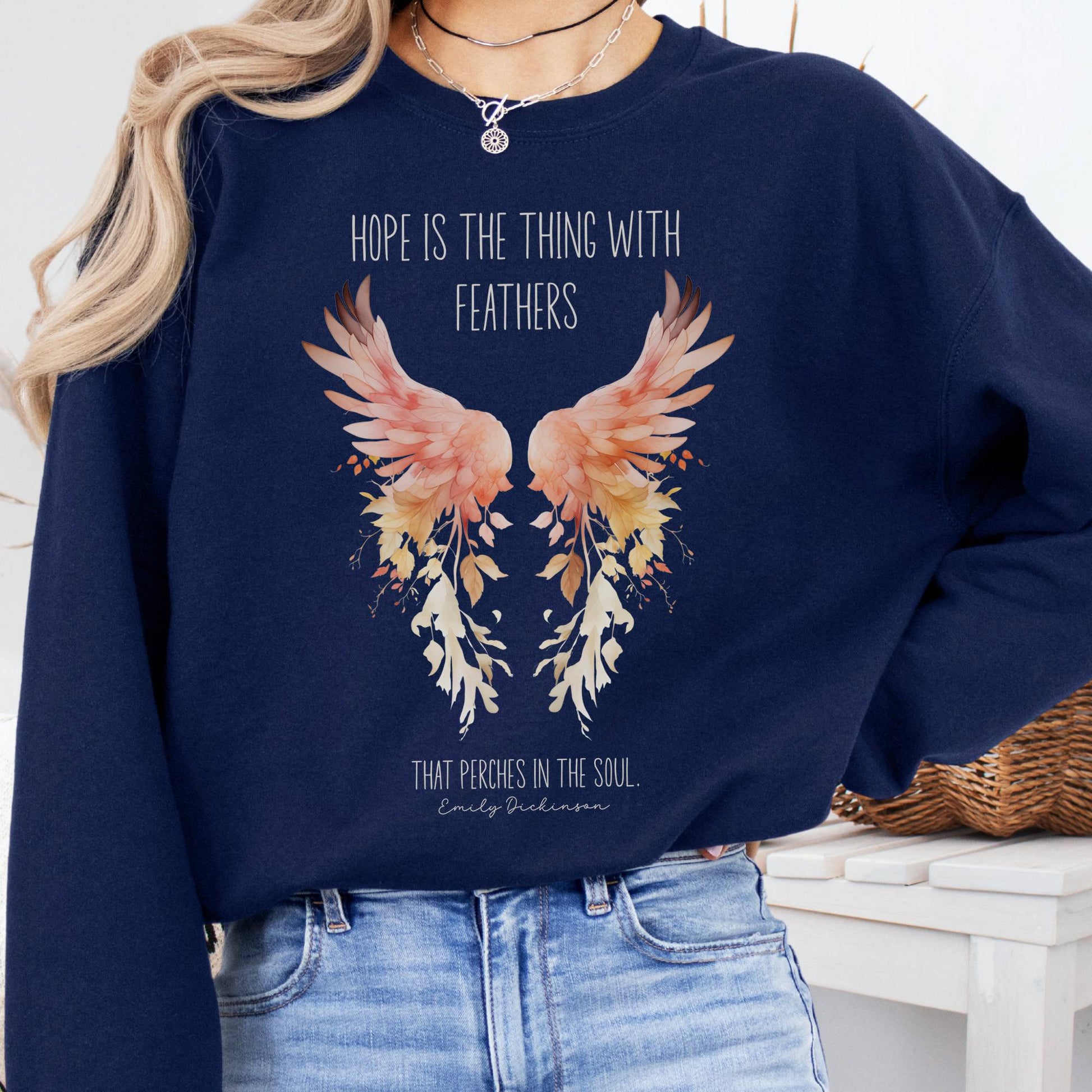 Sweatshirt S / Navy Hope is the Thing With Feathers Emily Dickinson Sweatshirt – Literary Wings Tee The Mystic Eden