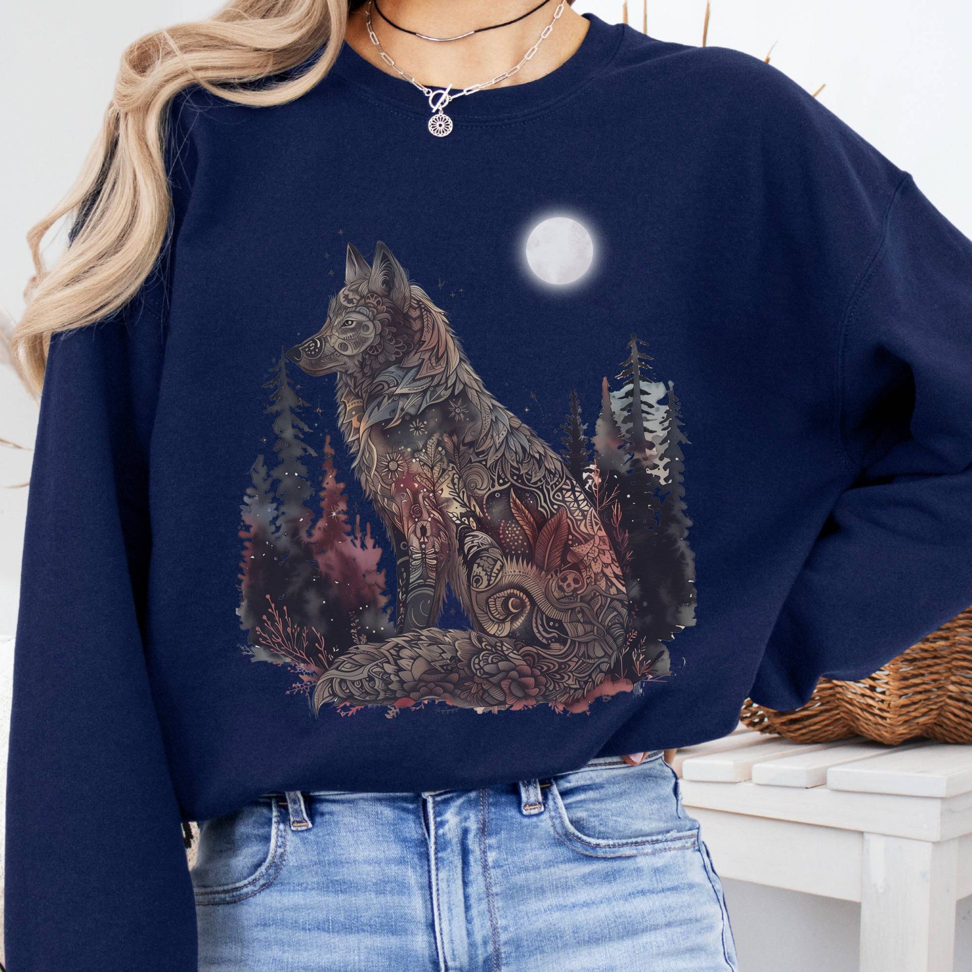 Sweatshirt S / Navy Nightfall Wolf Sweatshirt β Mystical Forestcore Tee The Mystic Eden