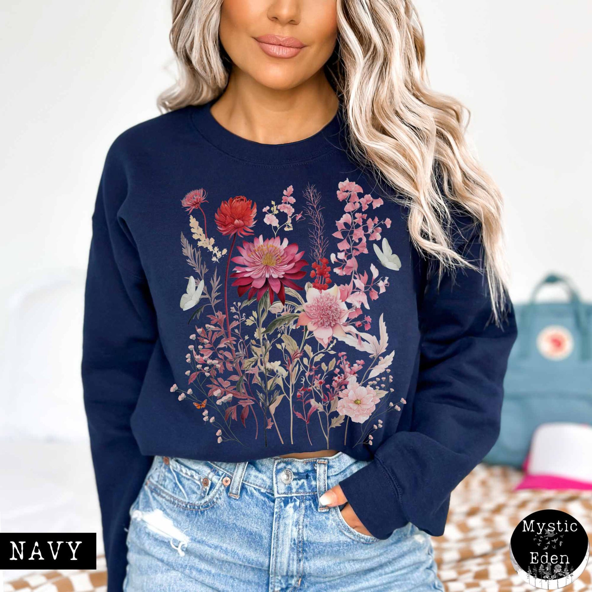 Sweatshirt S / Navy Pink Floral pressed flowers sweatshirt with butterflies The Mystic Eden