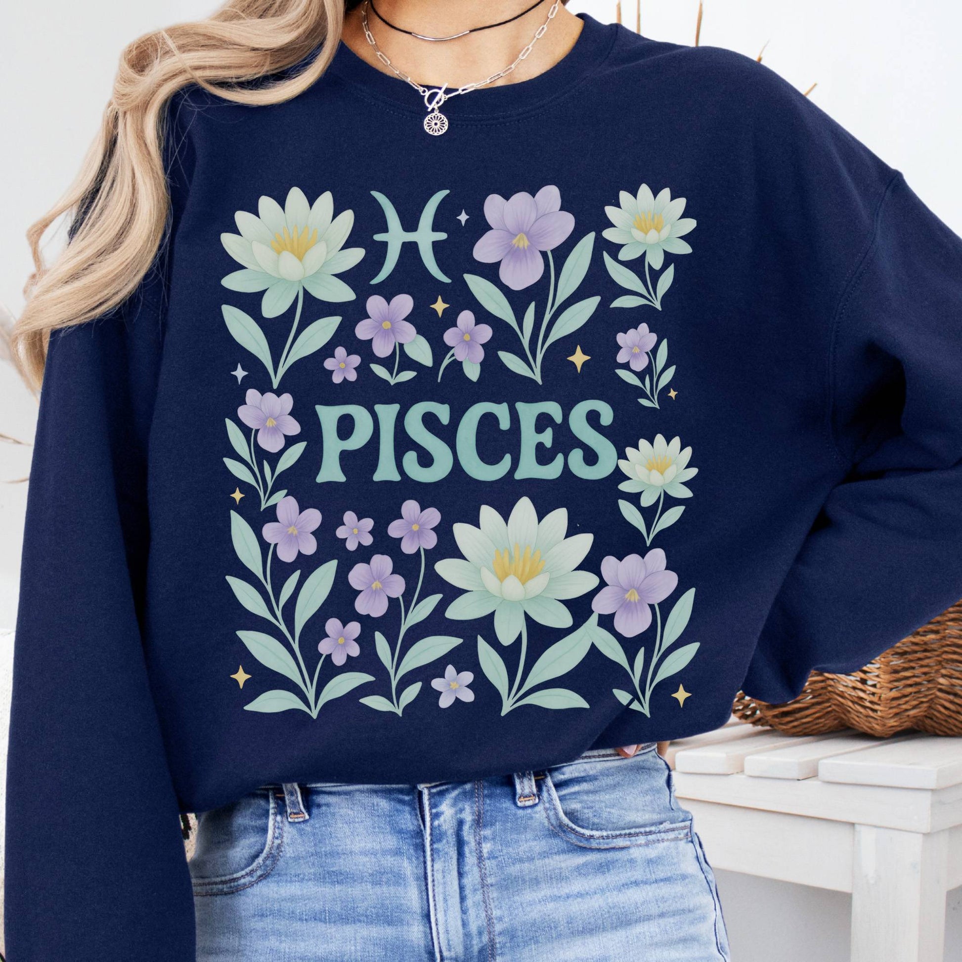 Sweatshirt S / Navy Pisces Sweatshirt – Boho Floral Zodiac Pullover The Mystic Eden