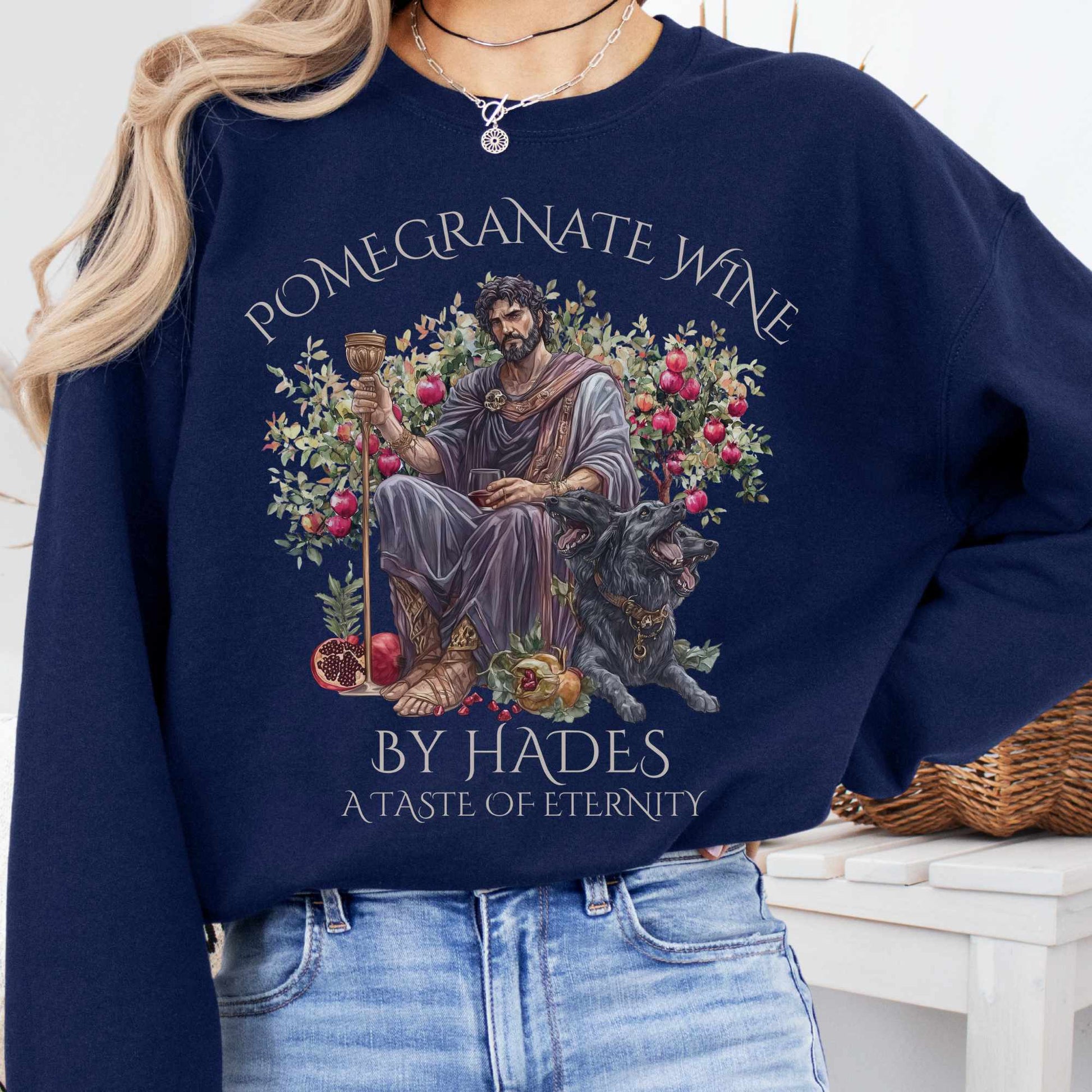 Sweatshirt S / Navy Pomegranate Wine By Hades Sweatshirt - A Taste of Eternity The Mystic Eden