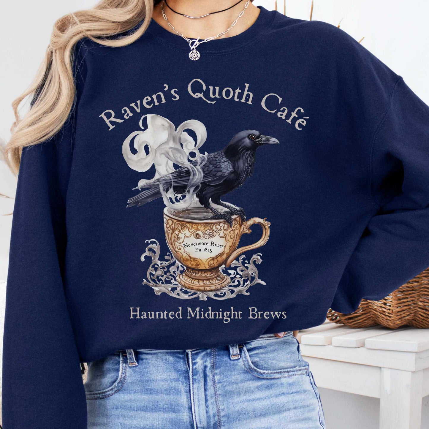 Sweatshirt S / Navy Raven's Quoth Cafe Edgar Allan Poe Sweatshirt The Mystic Eden