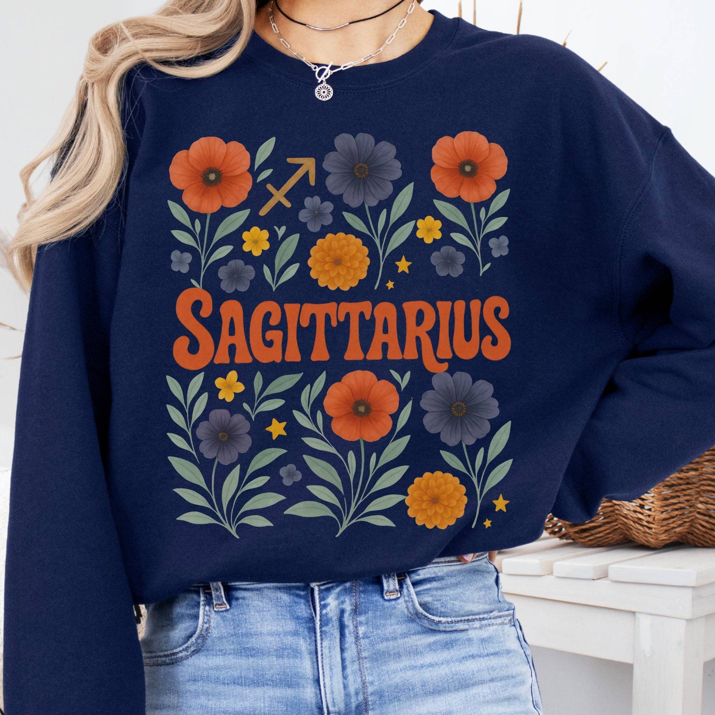 Sweatshirt S / Navy Sagittarius Sweatshirt – Boho Floral Zodiac Pullover The Mystic Eden
