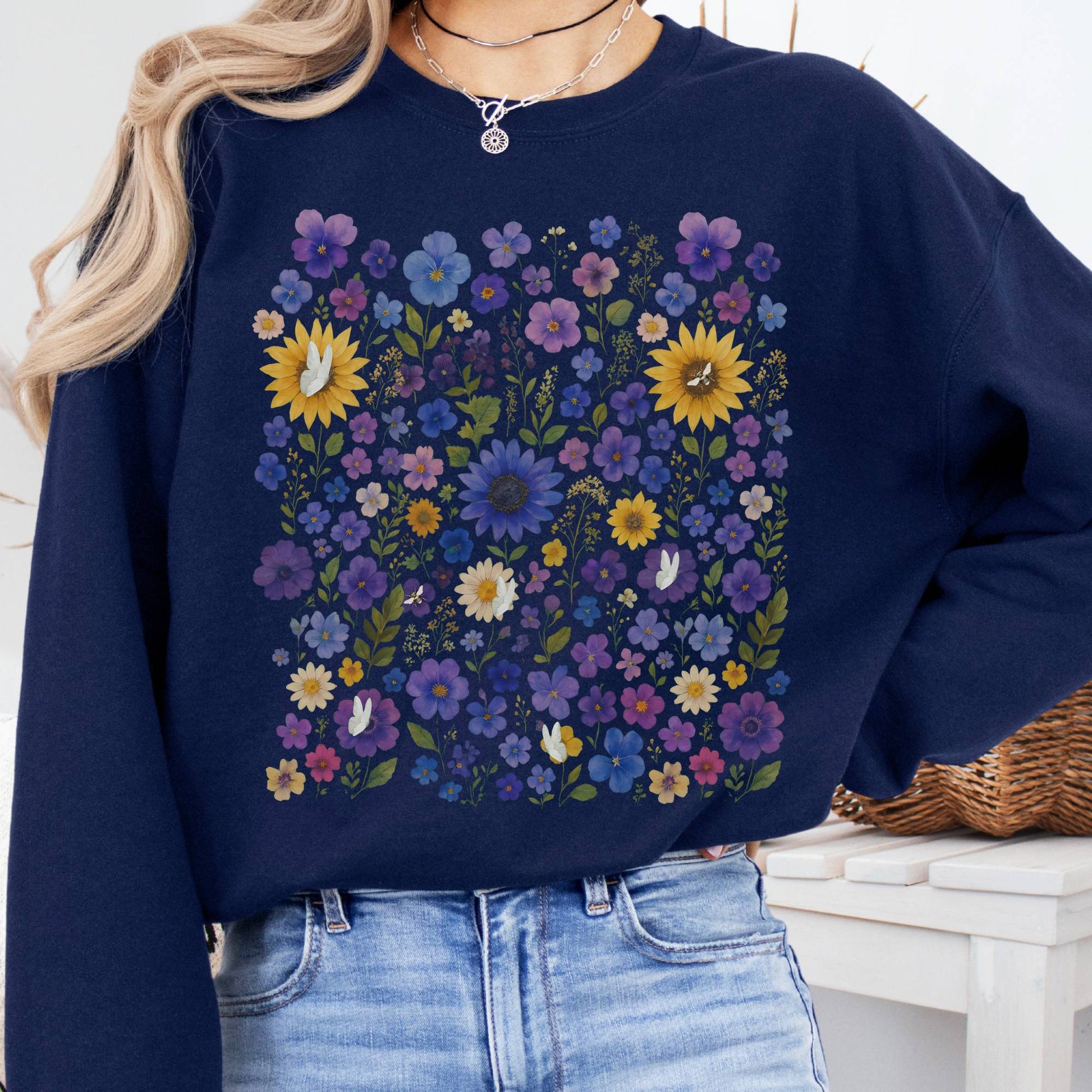 Sweatshirt S / Navy Sunflower Garden Sweatshirt β Vibrant Bloom Tee The Mystic Eden
