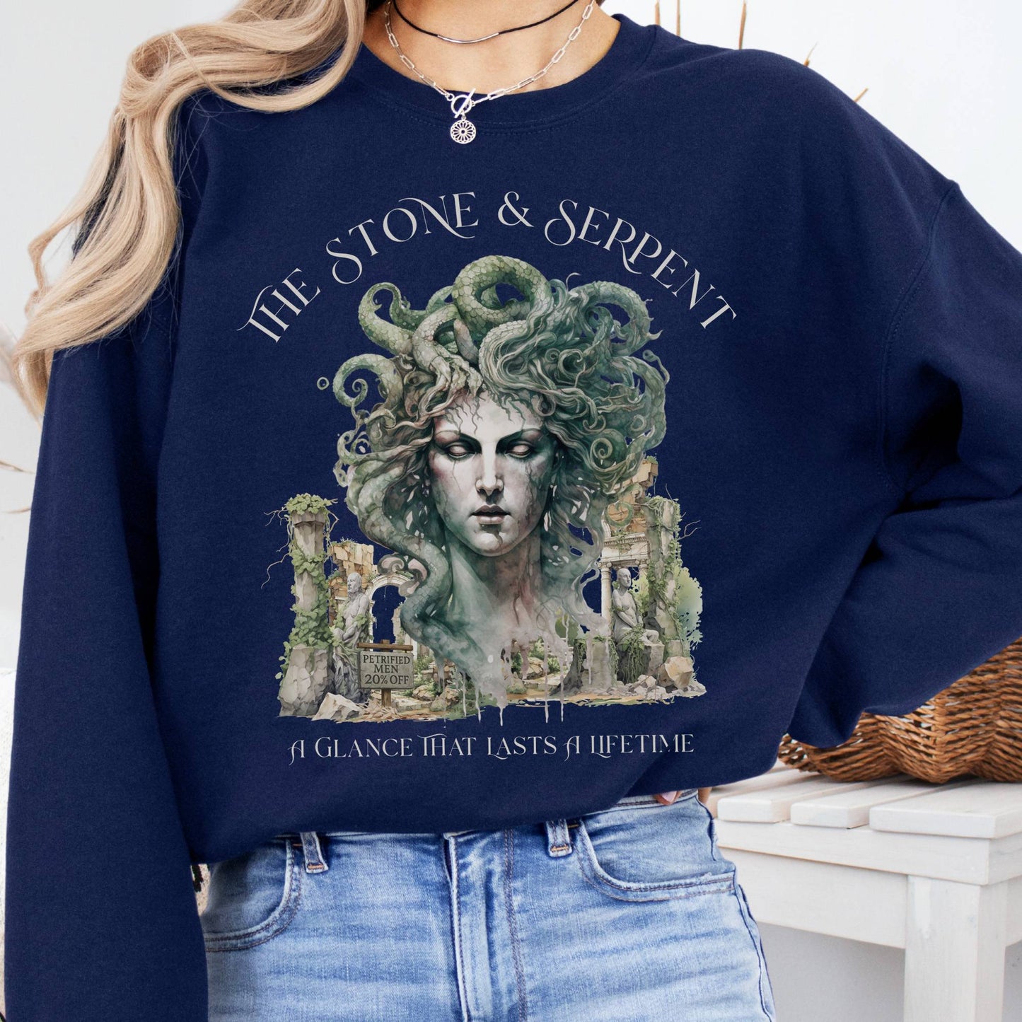 Sweatshirt S / Navy The Stone & Serpent Sweatshirt β Medusa Mythology Tee The Mystic Eden