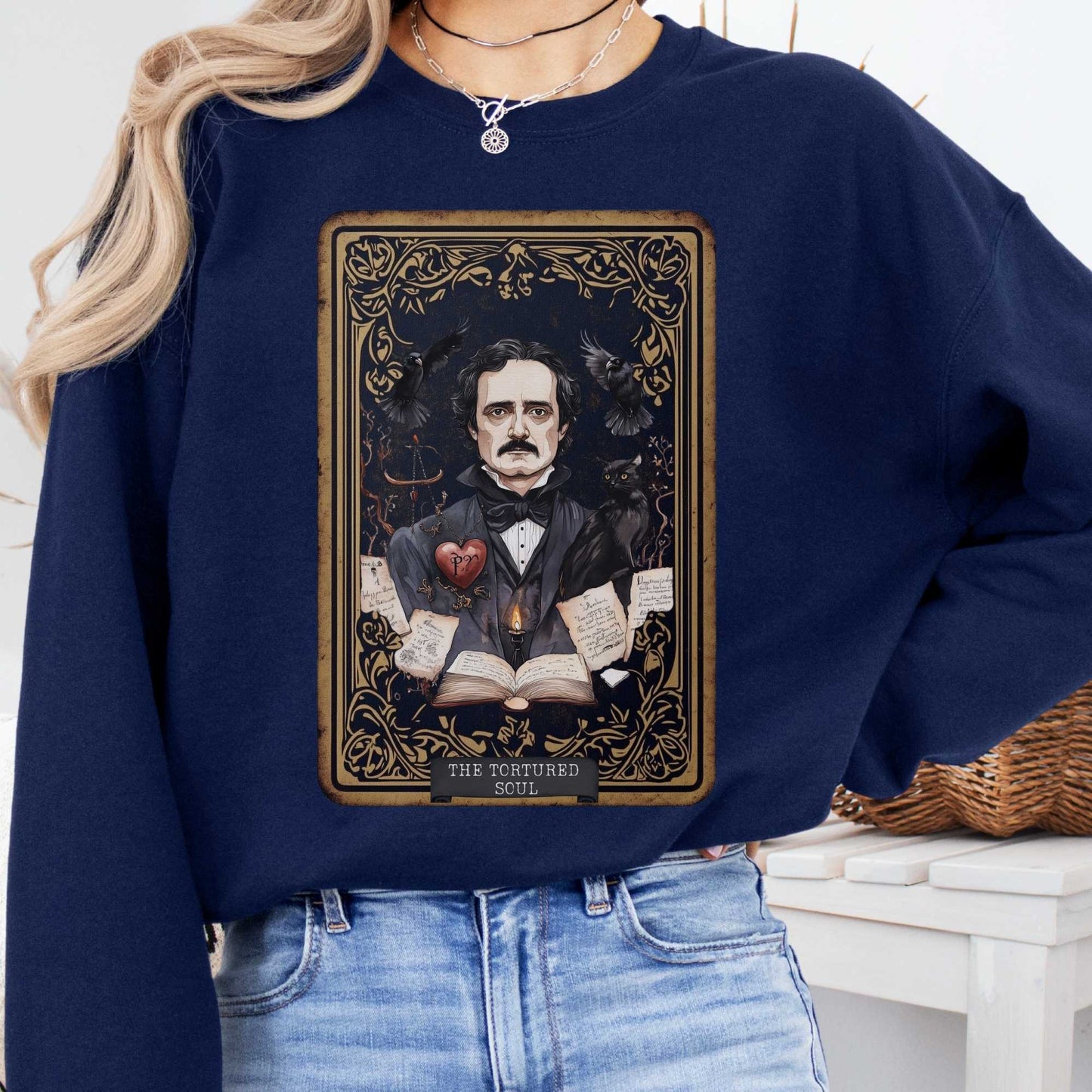 Sweatshirt S / Navy The Tortured Soul Tarot Card Edgar Allan Poe Sweatshirt The Mystic Eden