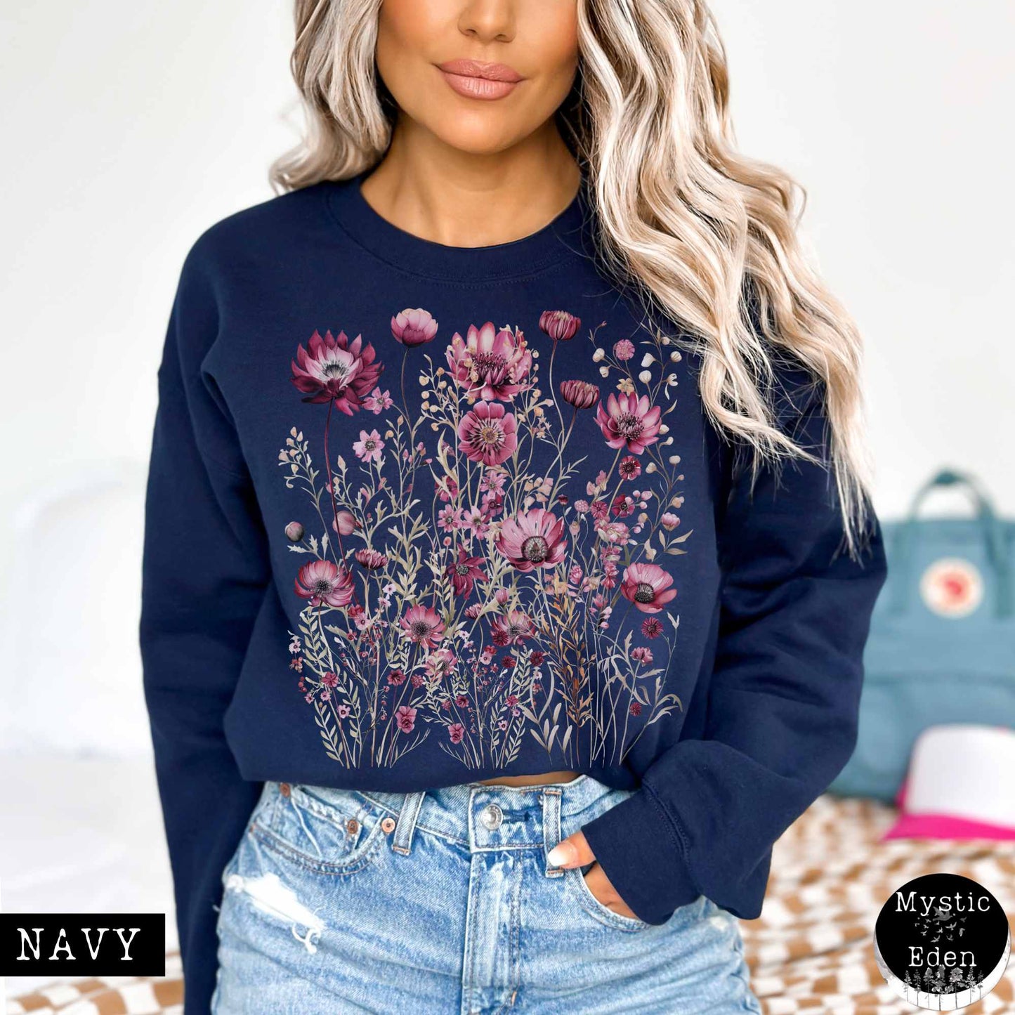 Sweatshirt S / Navy Vintage maroon pressed flowers sweatshirt The Mystic Eden