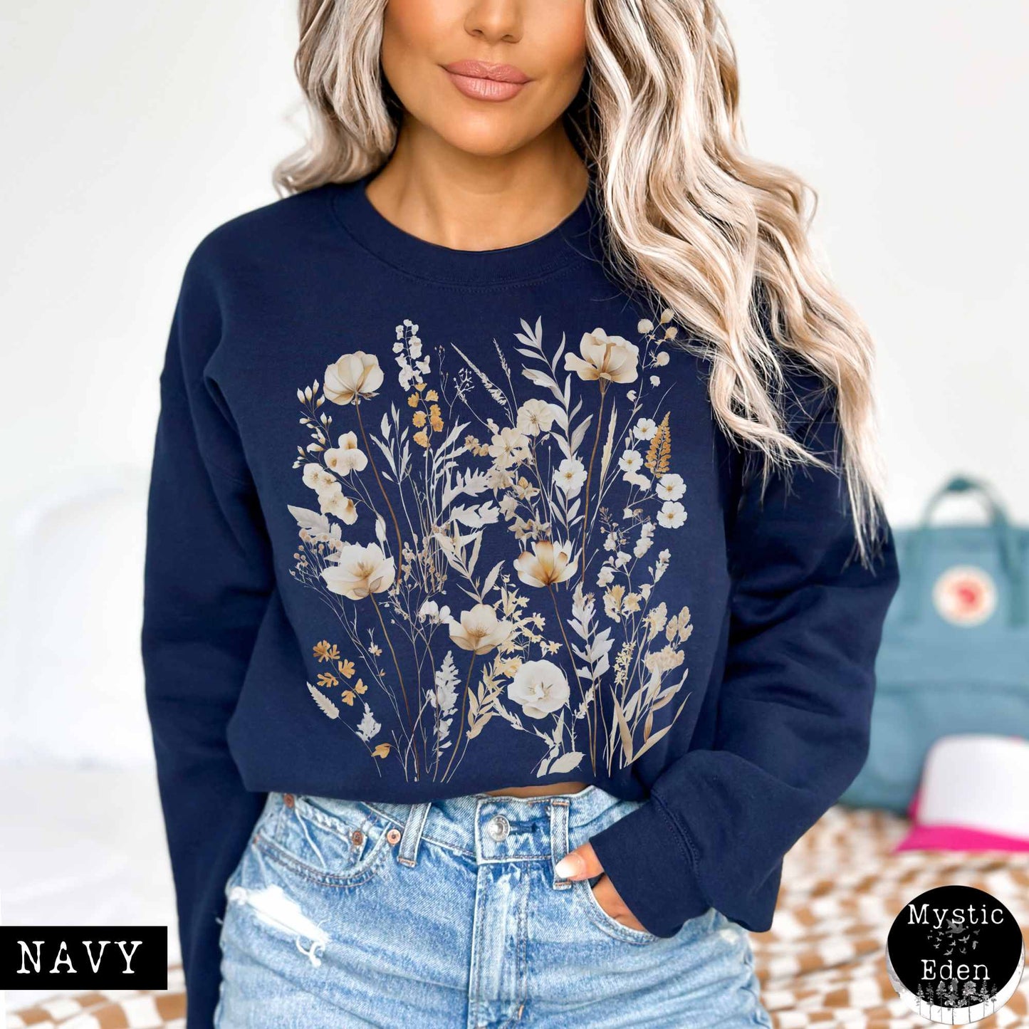 Sweatshirt S / Navy Vintage white pressed flowers wildflower sweatshirt The Mystic Eden