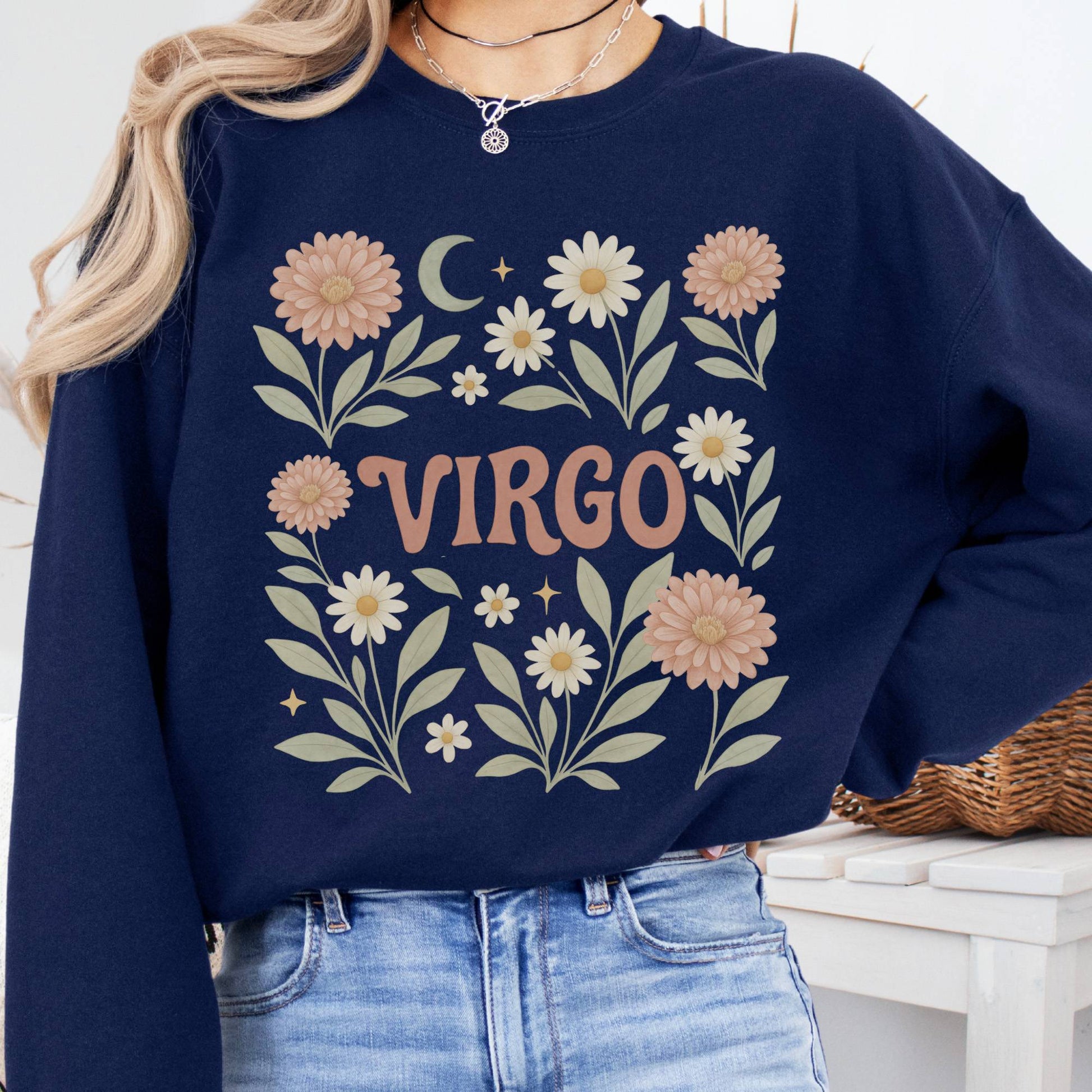 Sweatshirt S / Navy Virgo Sweatshirt – Boho Floral Zodiac Pullover The Mystic Eden