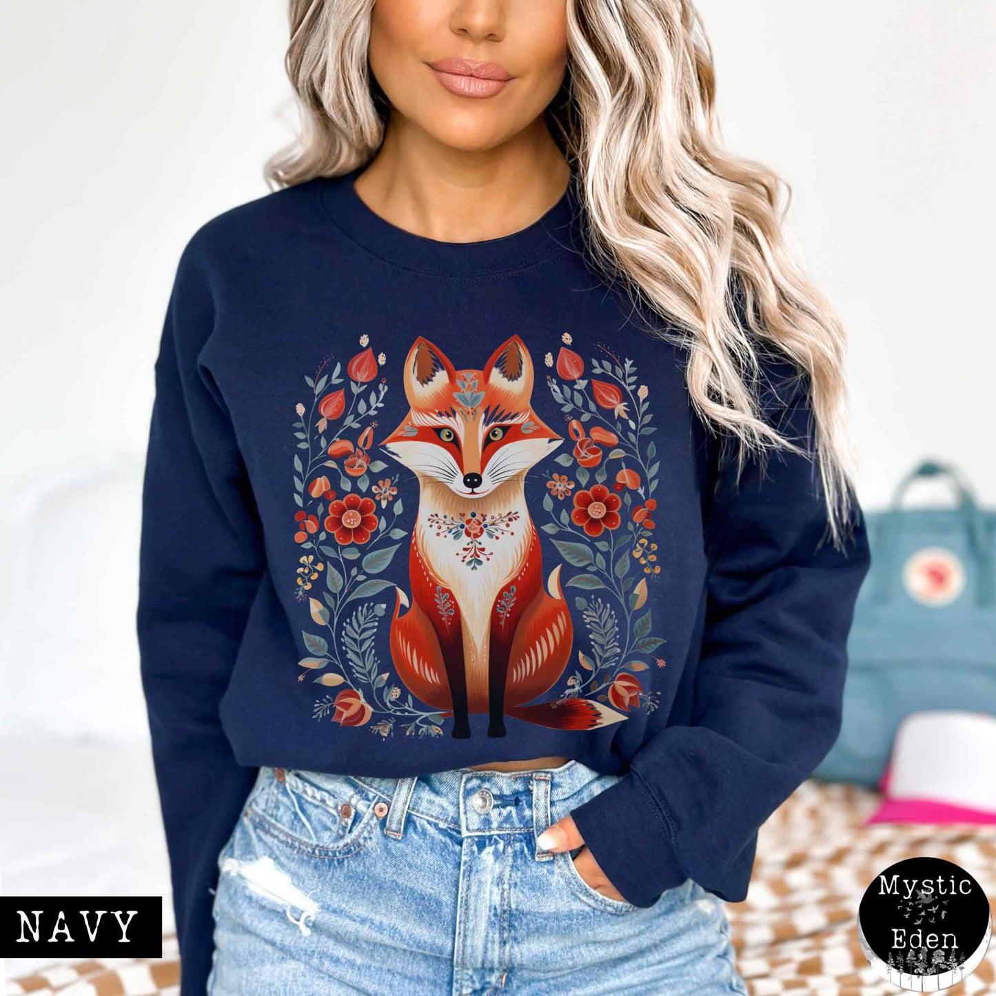 Sweatshirt S / Navy Whimsical Scandinavian Folk Art Fox Sweatshirt The Mystic Eden