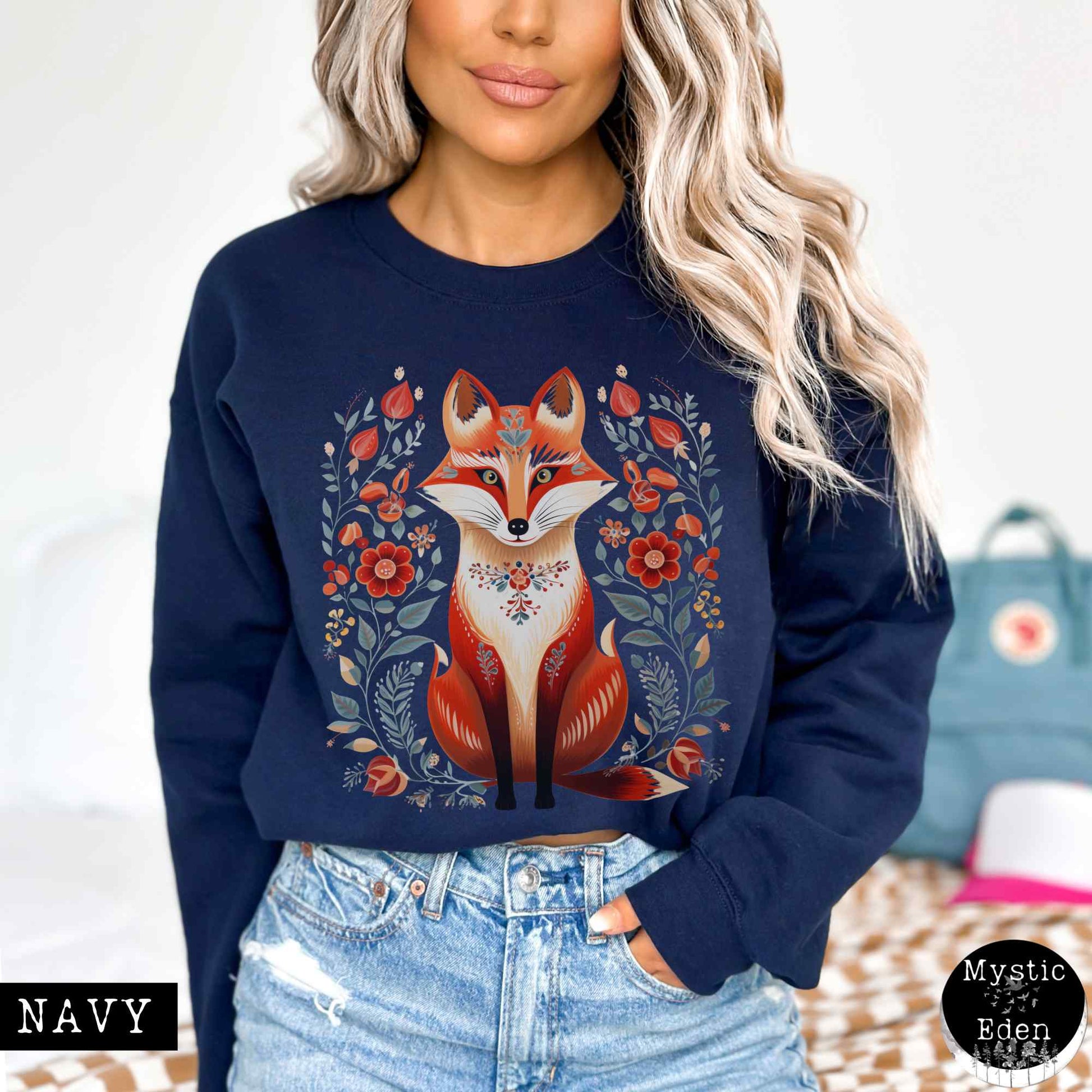 Sweatshirt S / Navy Whimsical Scandinavian Folk Art Fox Sweatshirt The Mystic Eden