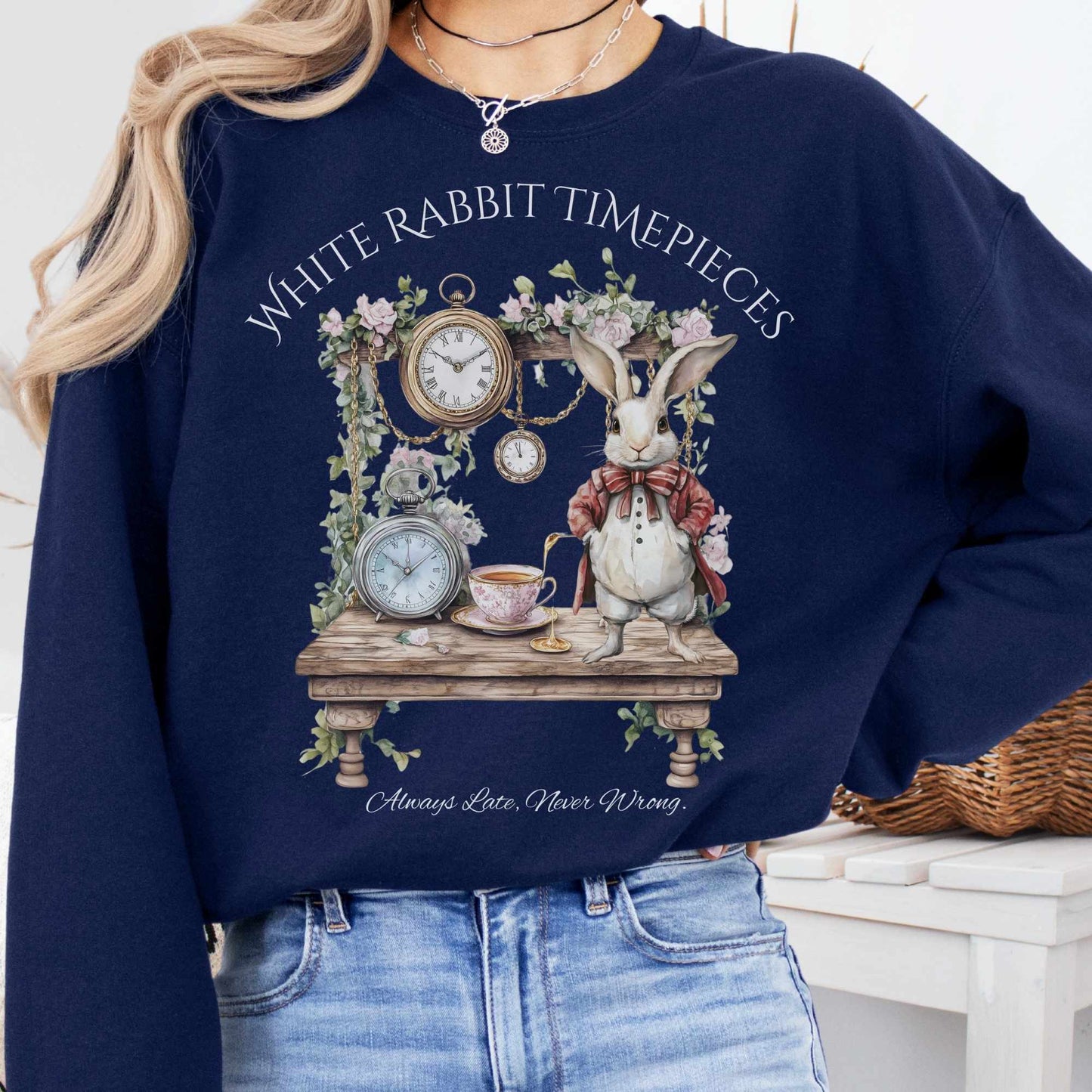 Sweatshirt S / Navy White Rabbit Timepieces Sweatshirt Alice in Wonderland The Mystic Eden