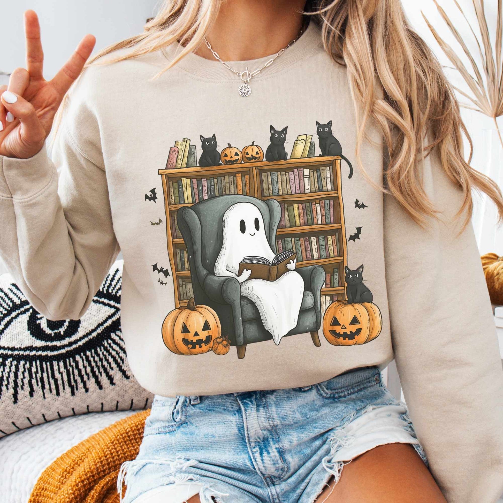 Sweatshirt S / Sand Happy Reading Ghosts with Black Cats Sweatshirt The Mystic Eden
