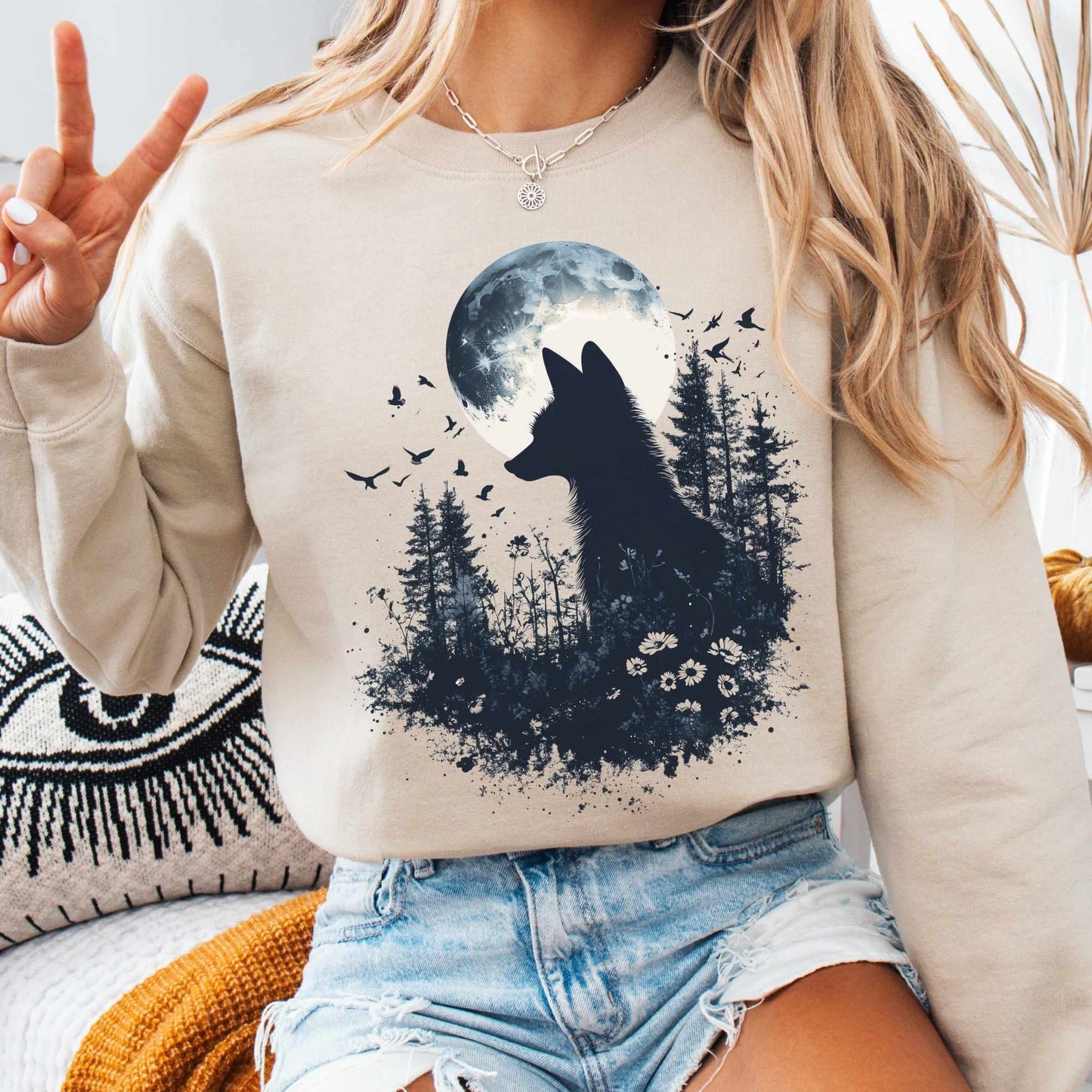 Sweatshirt S / Sand Mystical Fox Silhouette Sweatshirt The Mystic Eden