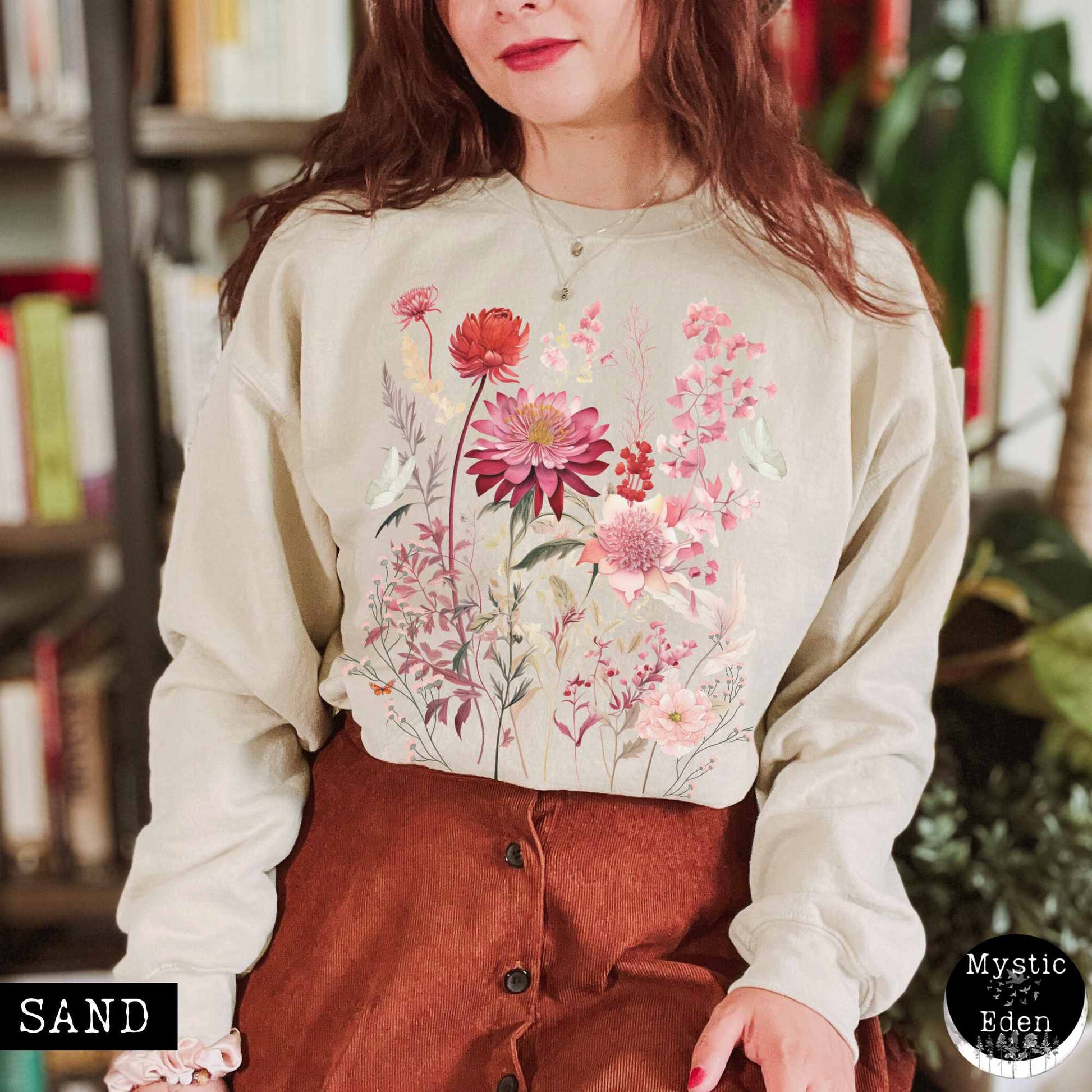 Sweatshirt S / Sand Pink Floral pressed flowers sweatshirt with butterflies The Mystic Eden