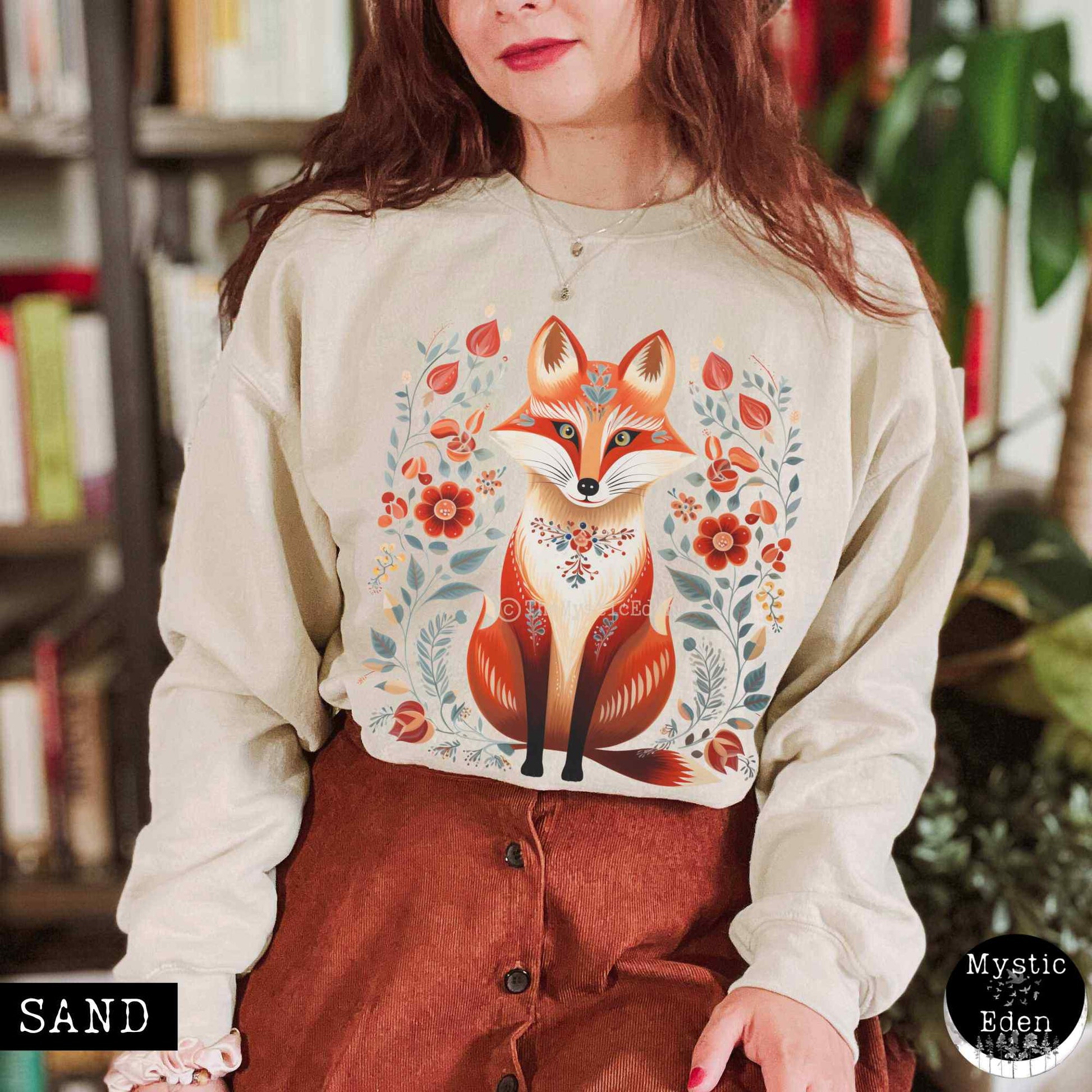 Sweatshirt S / Sand Whimsical Scandinavian Folk Art Fox Sweatshirt The Mystic Eden