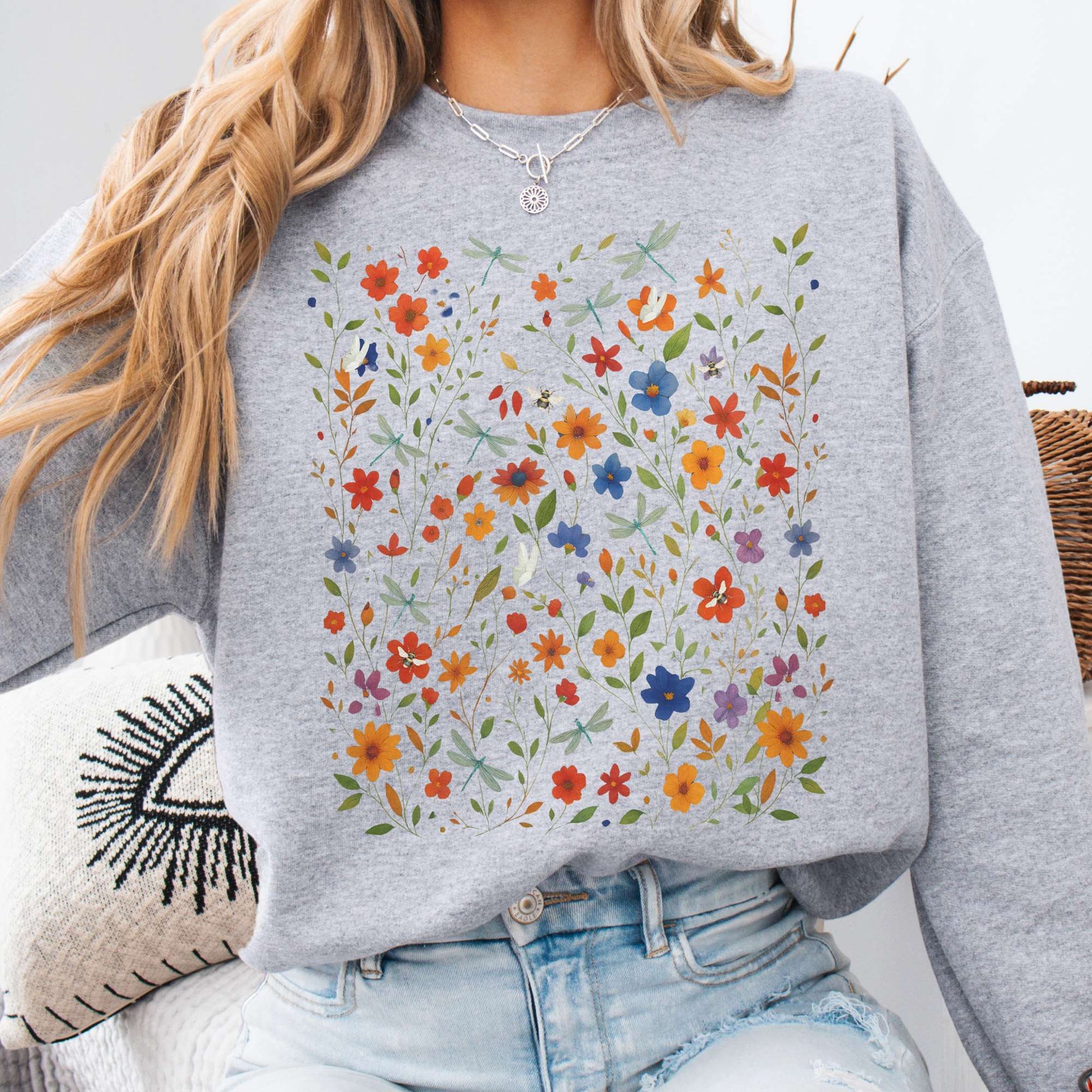 Sweatshirt S / Sport Grey Dragonfly Meadow Sweatshirt β Whimsical Floral Tee The Mystic Eden