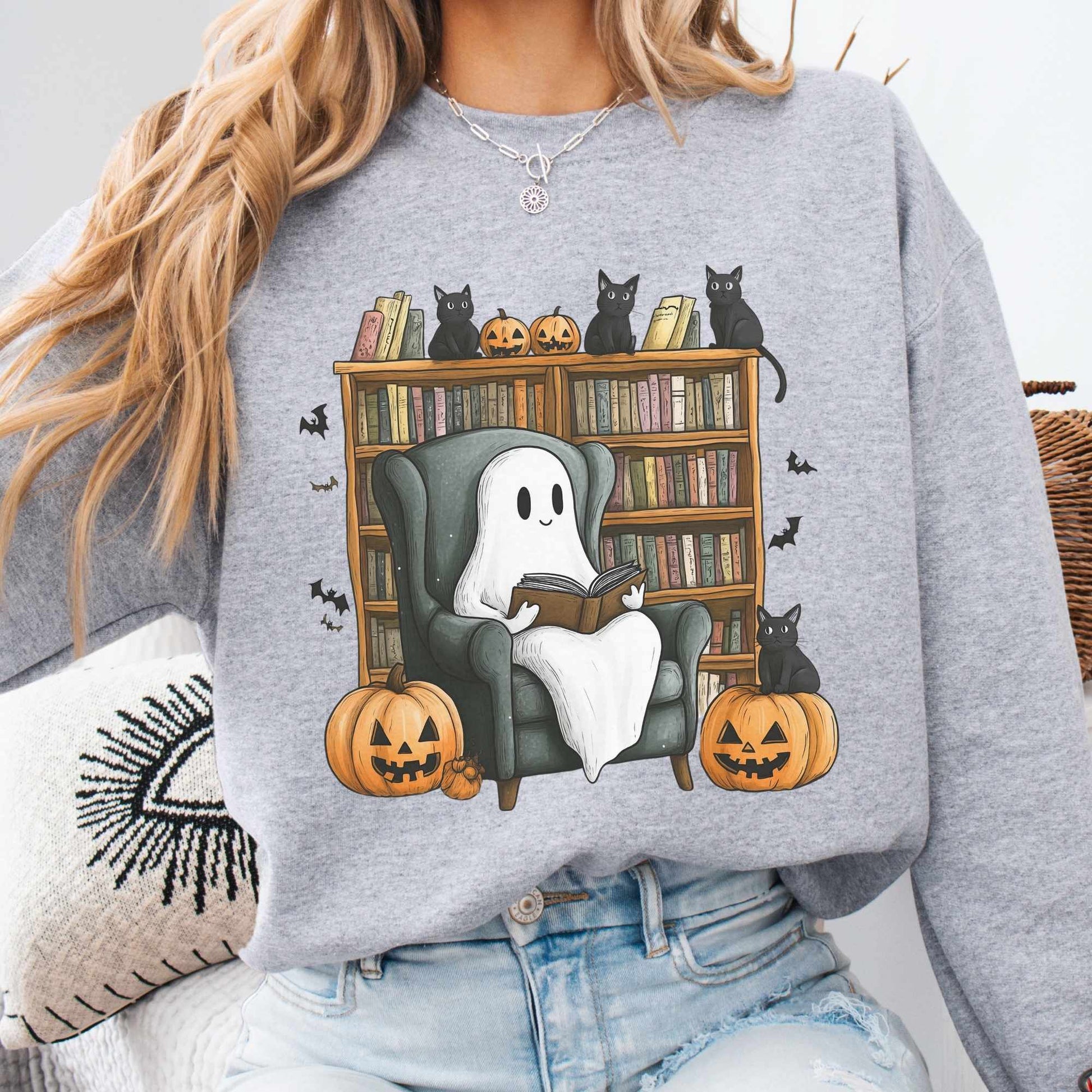 Sweatshirt S / Sport Grey Happy Reading Ghosts with Black Cats Sweatshirt The Mystic Eden