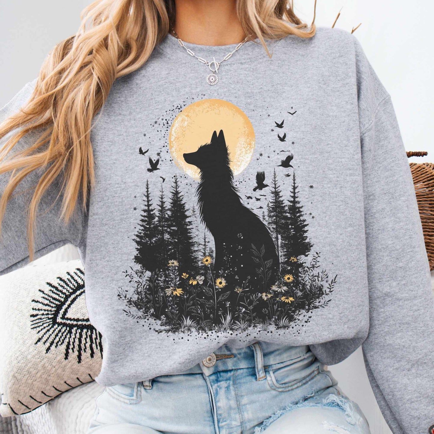 Sweatshirt S / Sport Grey Mystical Fox Under Yellow Moon Sweatshirt The Mystic Eden