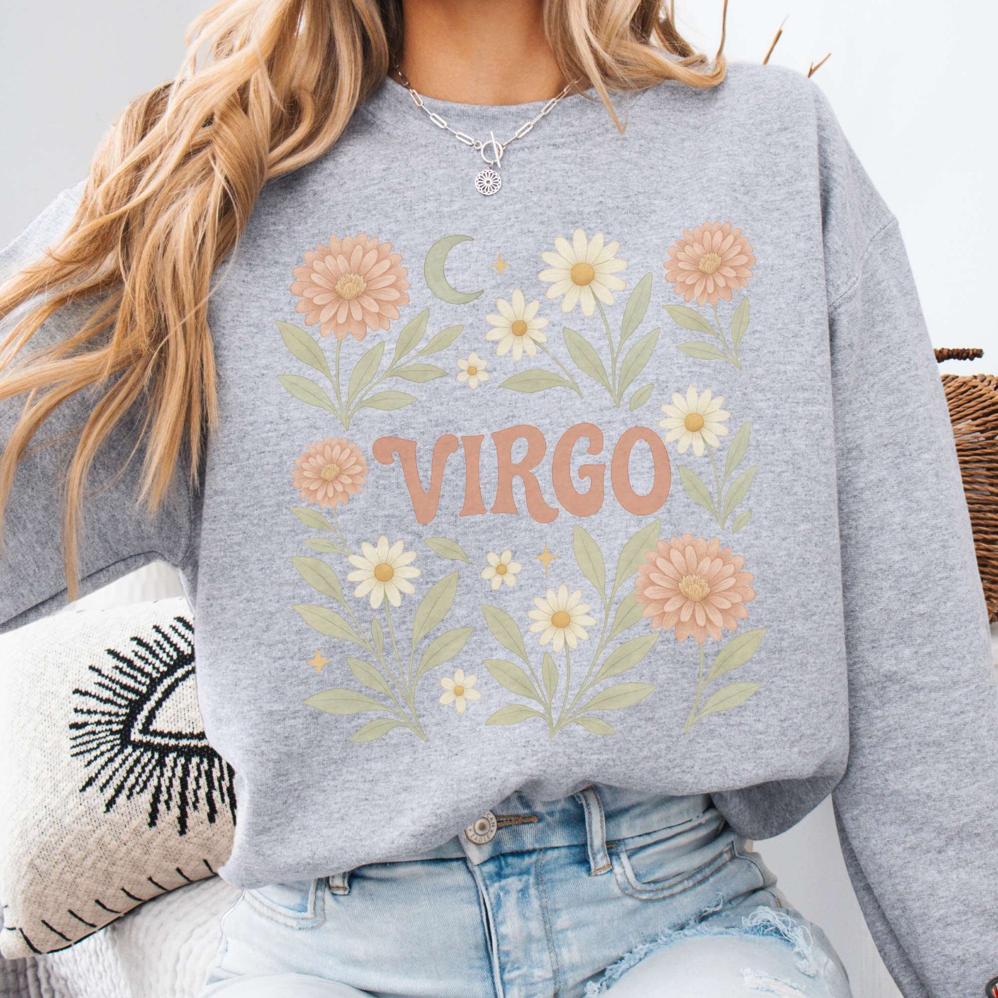 Sweatshirt S / Sport Grey Virgo Sweatshirt – Boho Floral Zodiac Pullover The Mystic Eden