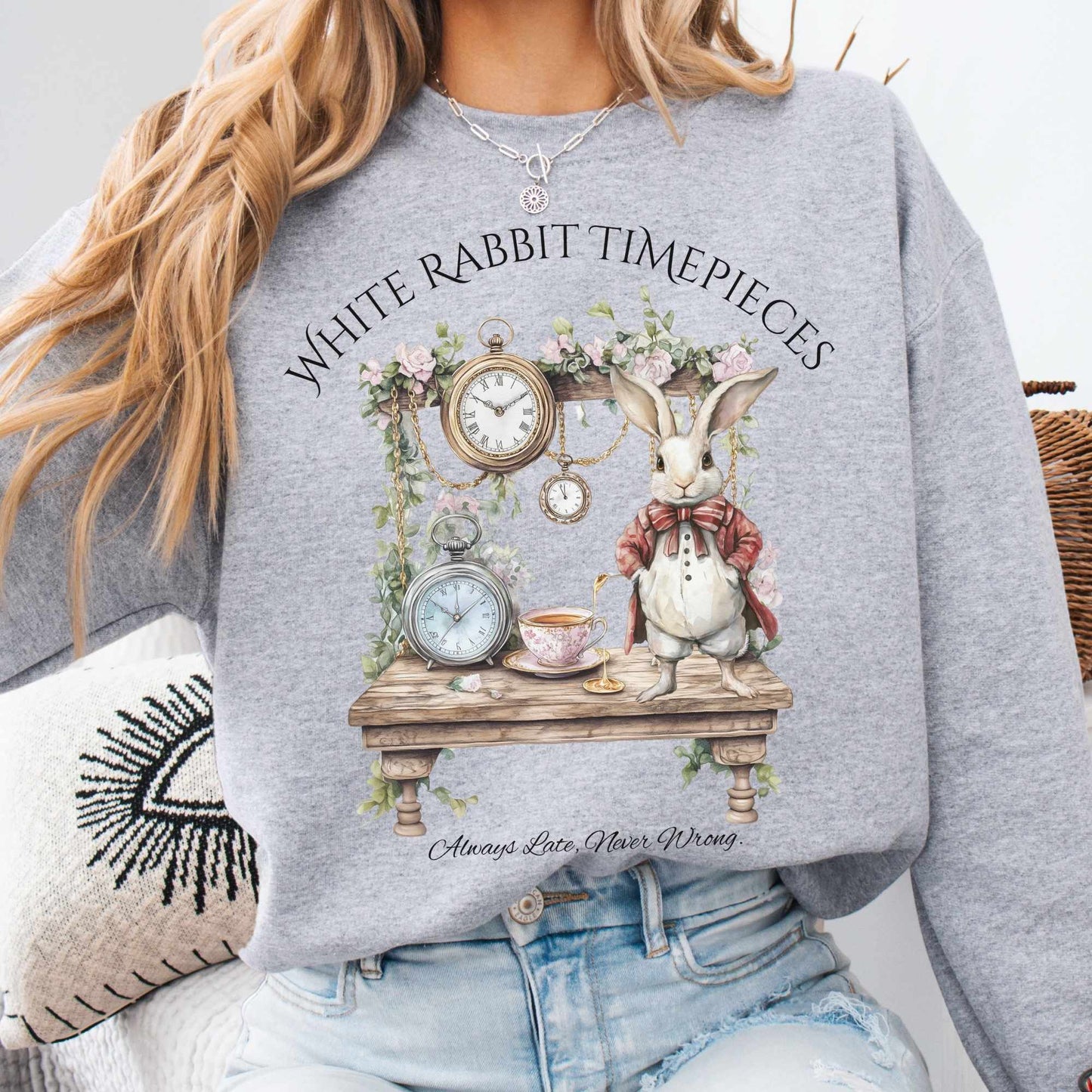 Sweatshirt S / Sport Grey White Rabbit Timepieces Sweatshirt Alice in Wonderland The Mystic Eden
