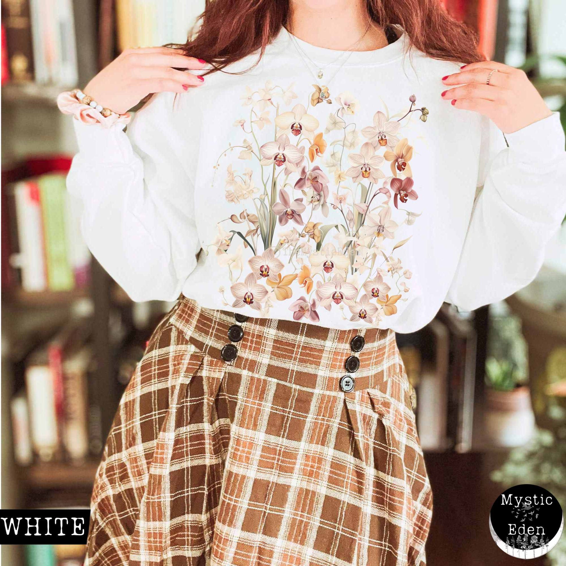 Sweatshirt S / White Cottagecore Wildflower Orchid Sweatshirt The Mystic Eden