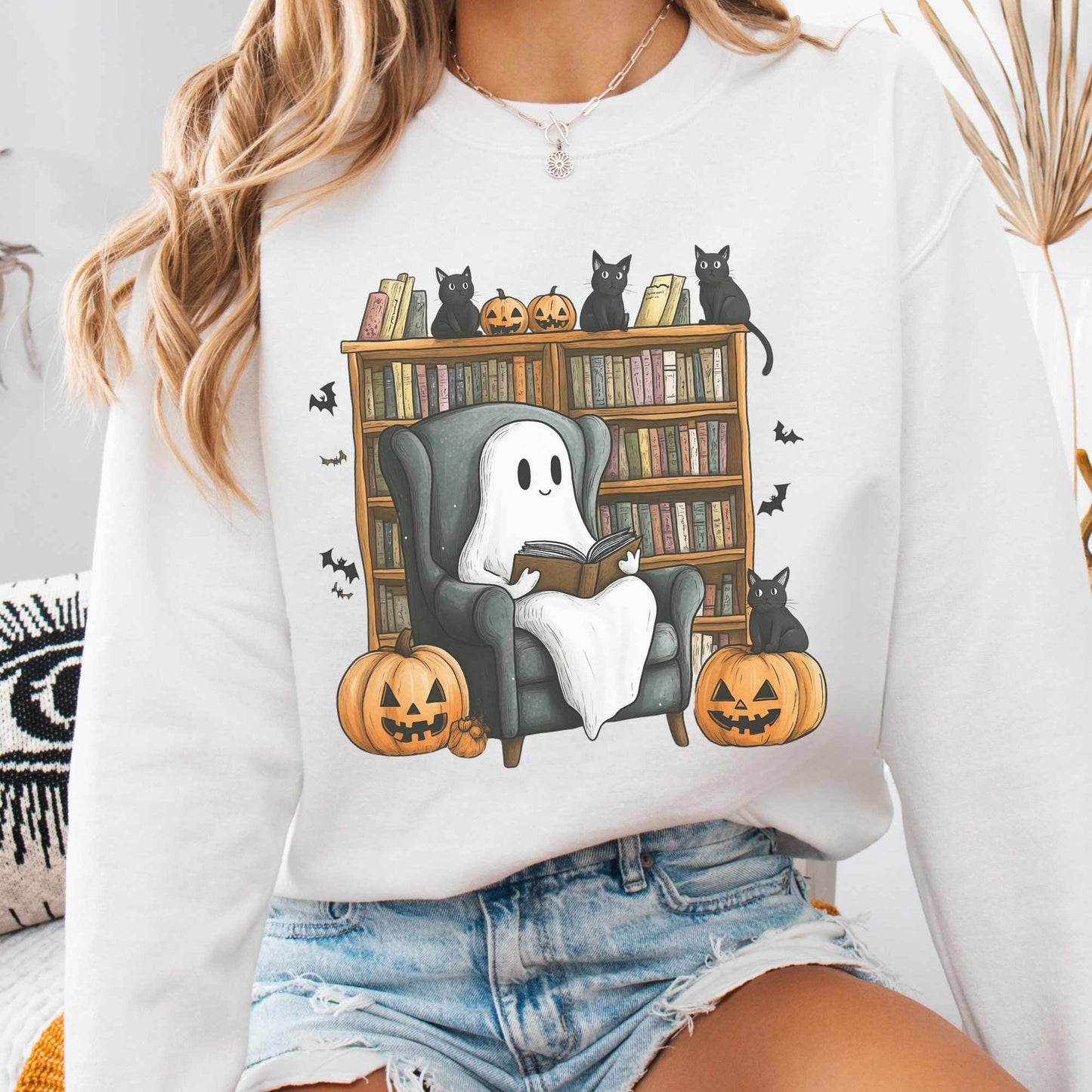 Sweatshirt S / White Happy Reading Ghosts with Black Cats Sweatshirt The Mystic Eden