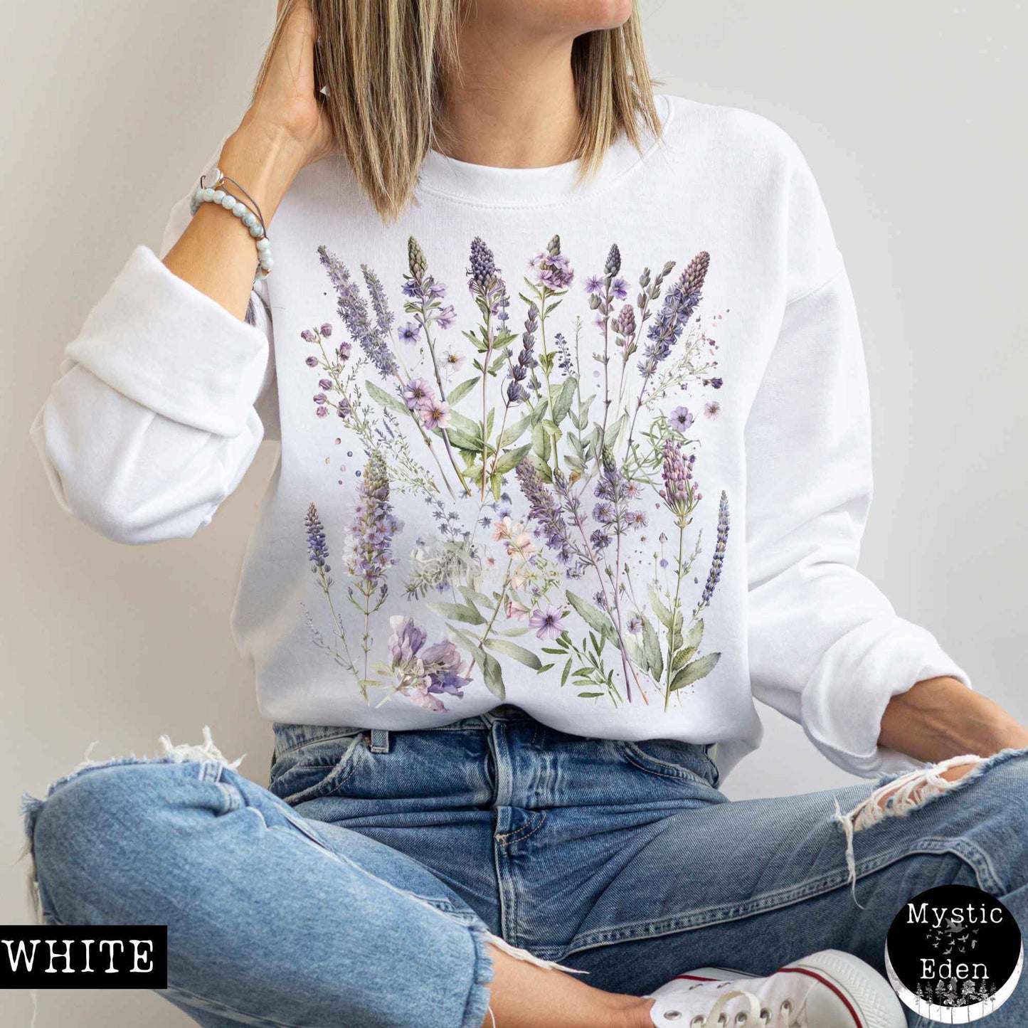 Sweatshirt S / White Lavender Spring Cottagecore Sweatshirt The Mystic Eden