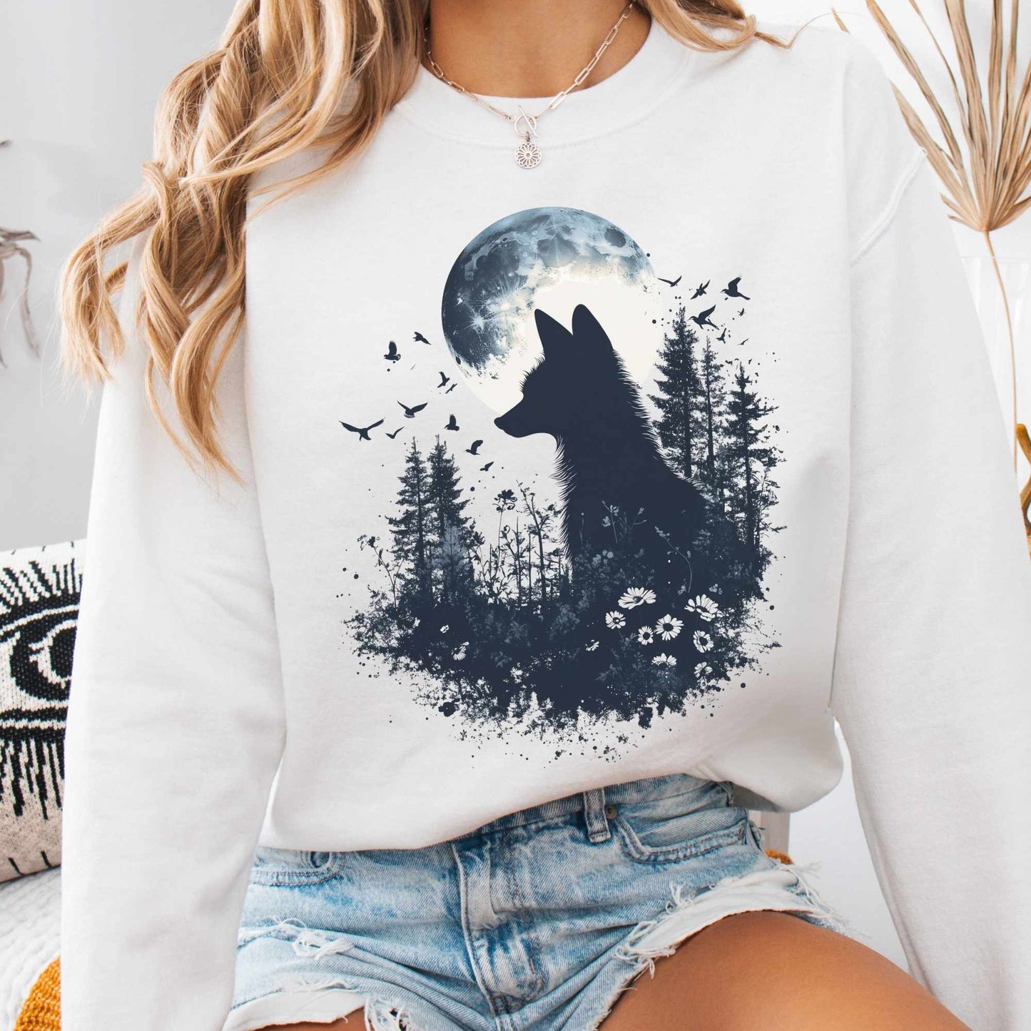 Sweatshirt S / White Mystical Fox Silhouette Sweatshirt The Mystic Eden