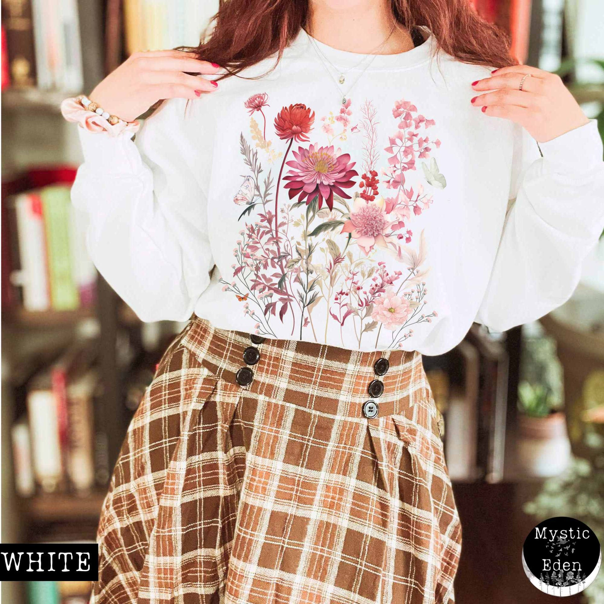 Sweatshirt S / White Pink Floral pressed flowers sweatshirt with butterflies The Mystic Eden