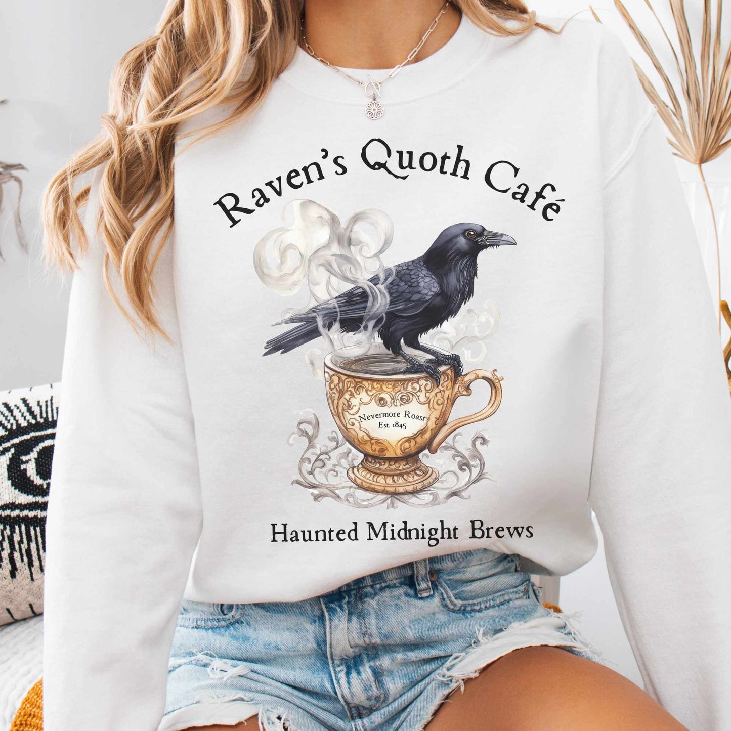Sweatshirt S / White Raven's Quoth Cafe Edgar Allan Poe Sweatshirt The Mystic Eden