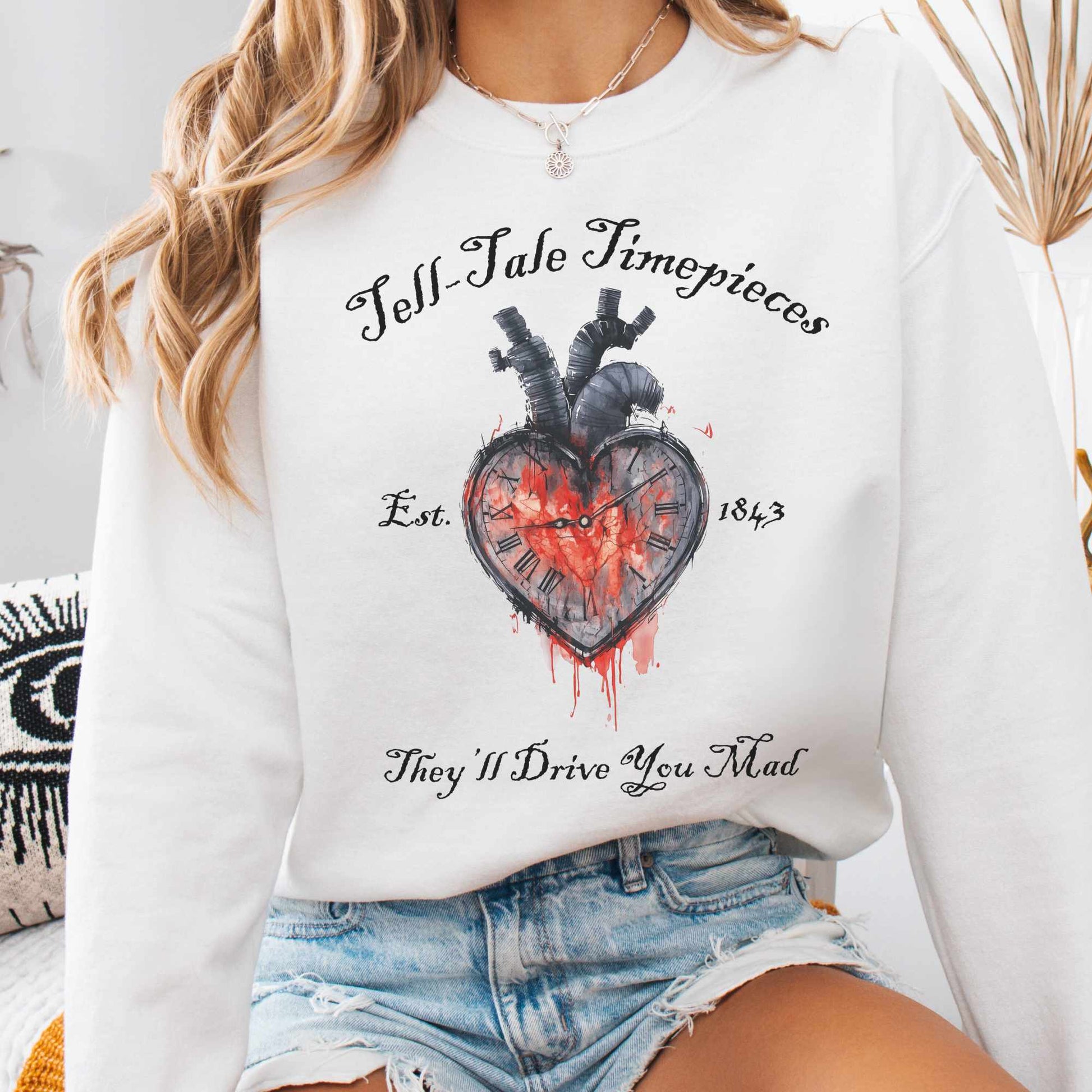Sweatshirt S / White Tell-Tale Timepieces Edgar Allan Poe Sweatshirt The Mystic Eden