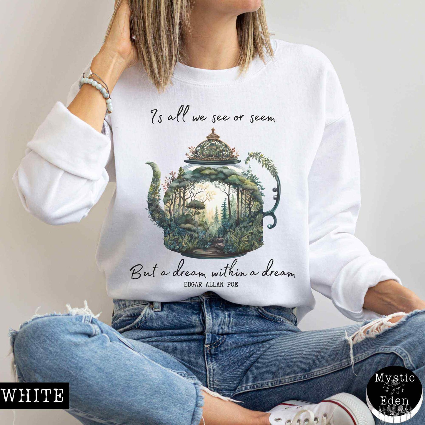 Sweatshirt S / White Vintage Edgar Allan Poe Sweatshirt Dream Within A Dream The Mystic Eden