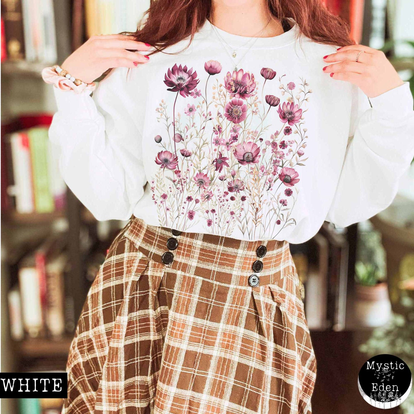 Sweatshirt S / White Vintage maroon pressed flowers sweatshirt The Mystic Eden