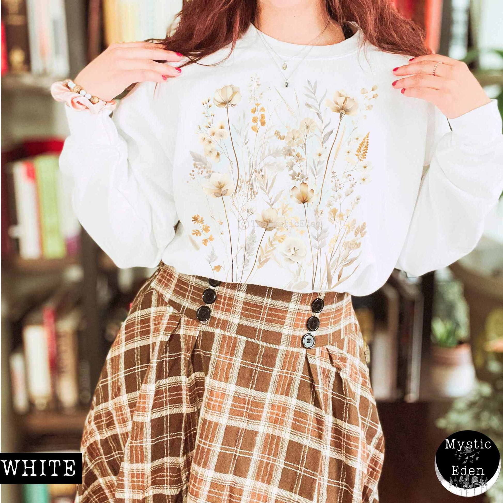 Sweatshirt S / White Vintage white pressed flowers wildflower sweatshirt The Mystic Eden