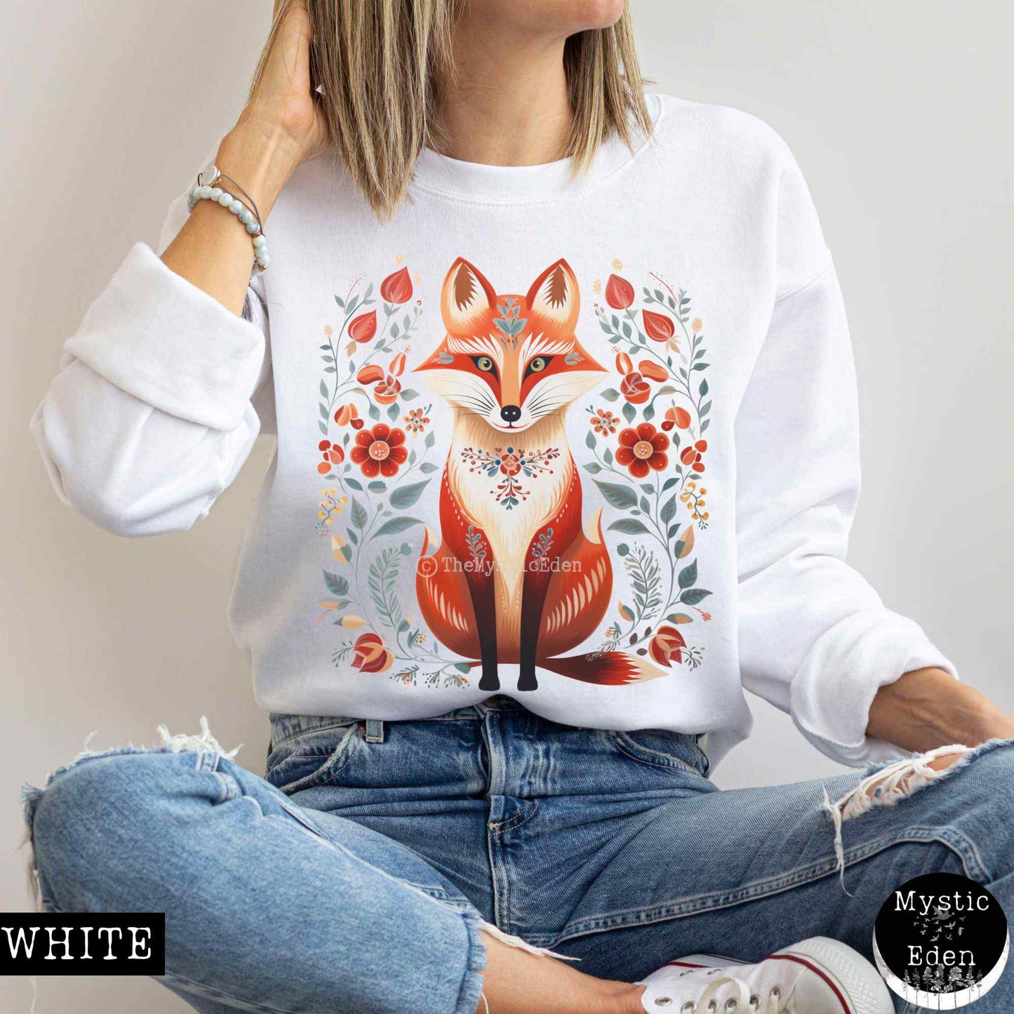 Sweatshirt S / White Whimsical Scandinavian Folk Art Fox Sweatshirt The Mystic Eden
