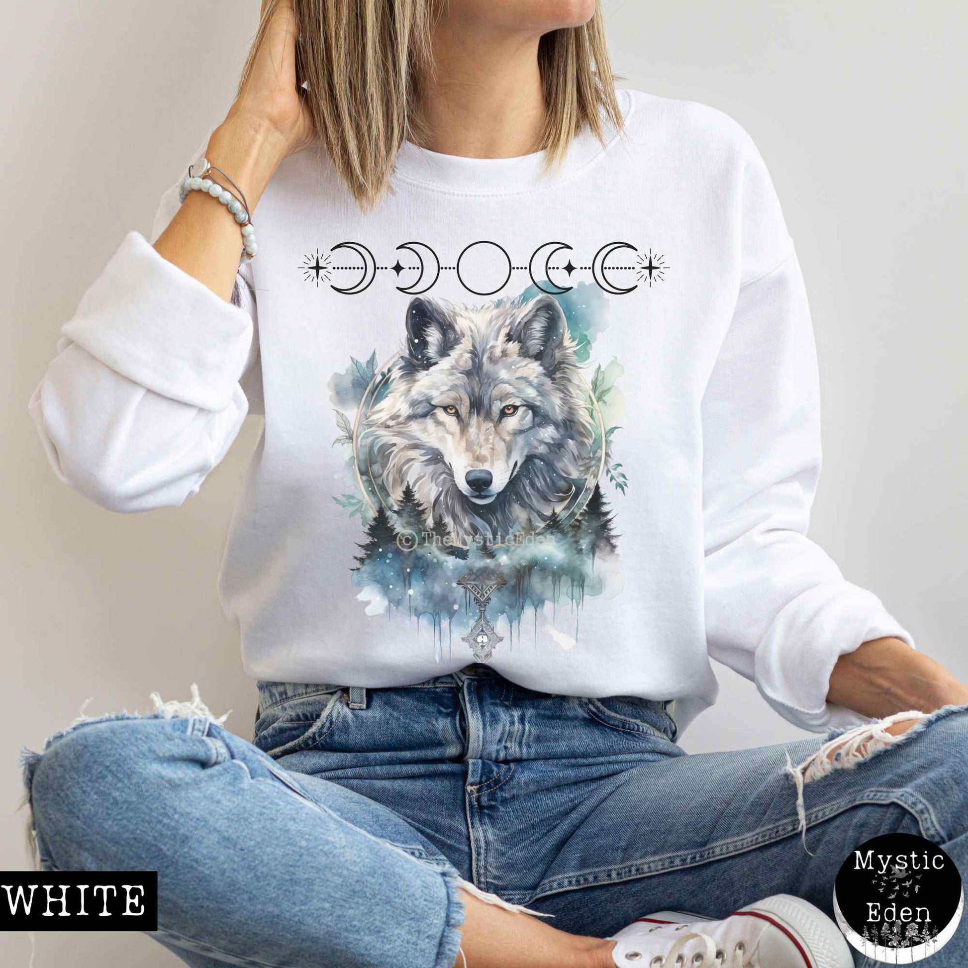 Sweatshirt S / White Whimsical Wolf Sweatshirt The Mystic Eden