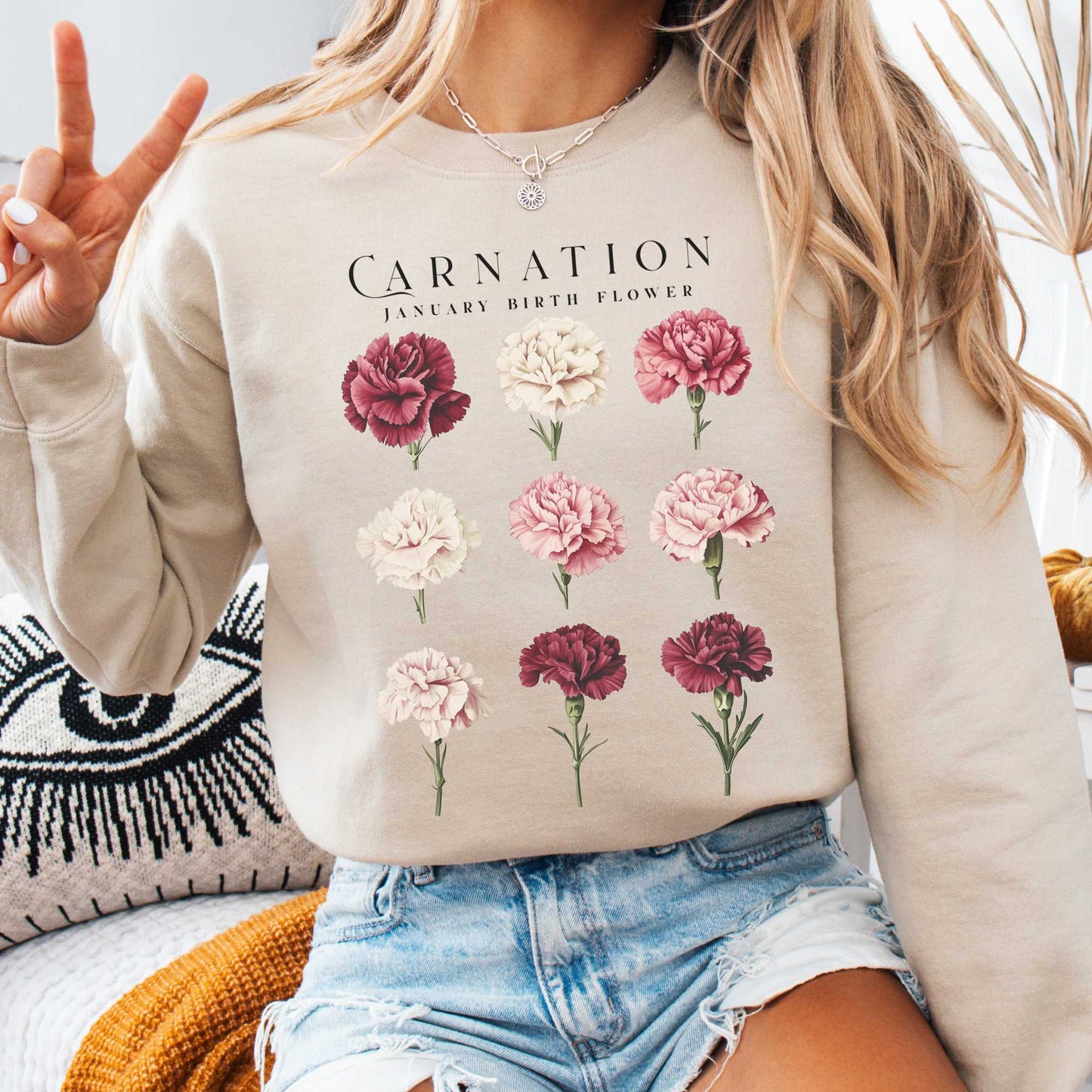 Sweatshirt Sand / S Carnation January Birth Month Flower Sweatshirt The Mystic Eden