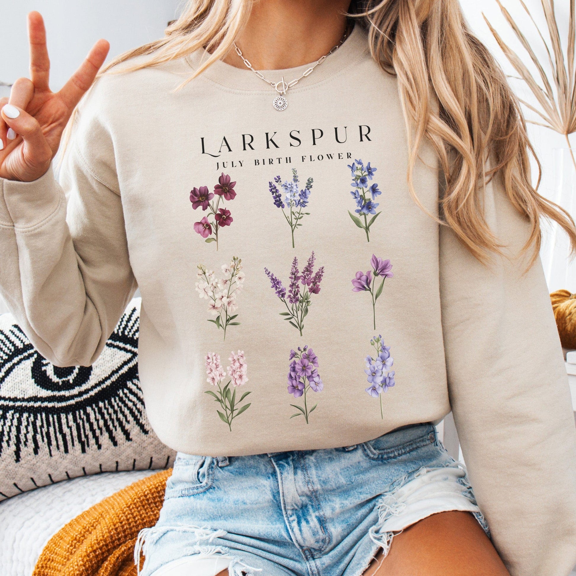 Sweatshirt Sand / S Larkspur July Birth Month Flower Sweatshirt The Mystic Eden