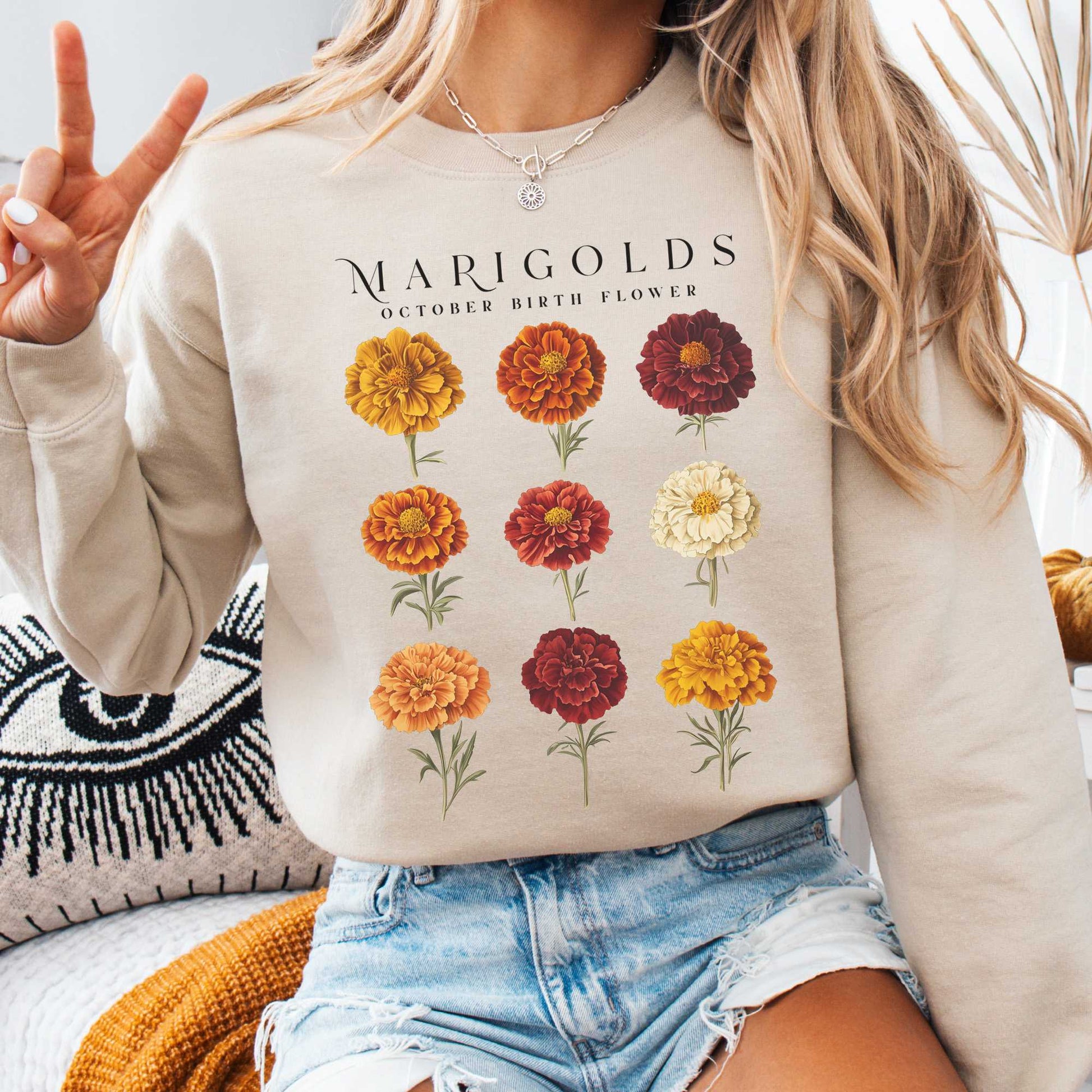 Sweatshirt Sand / S Marigolds October Birth Month Flower Sweatshirt The Mystic Eden